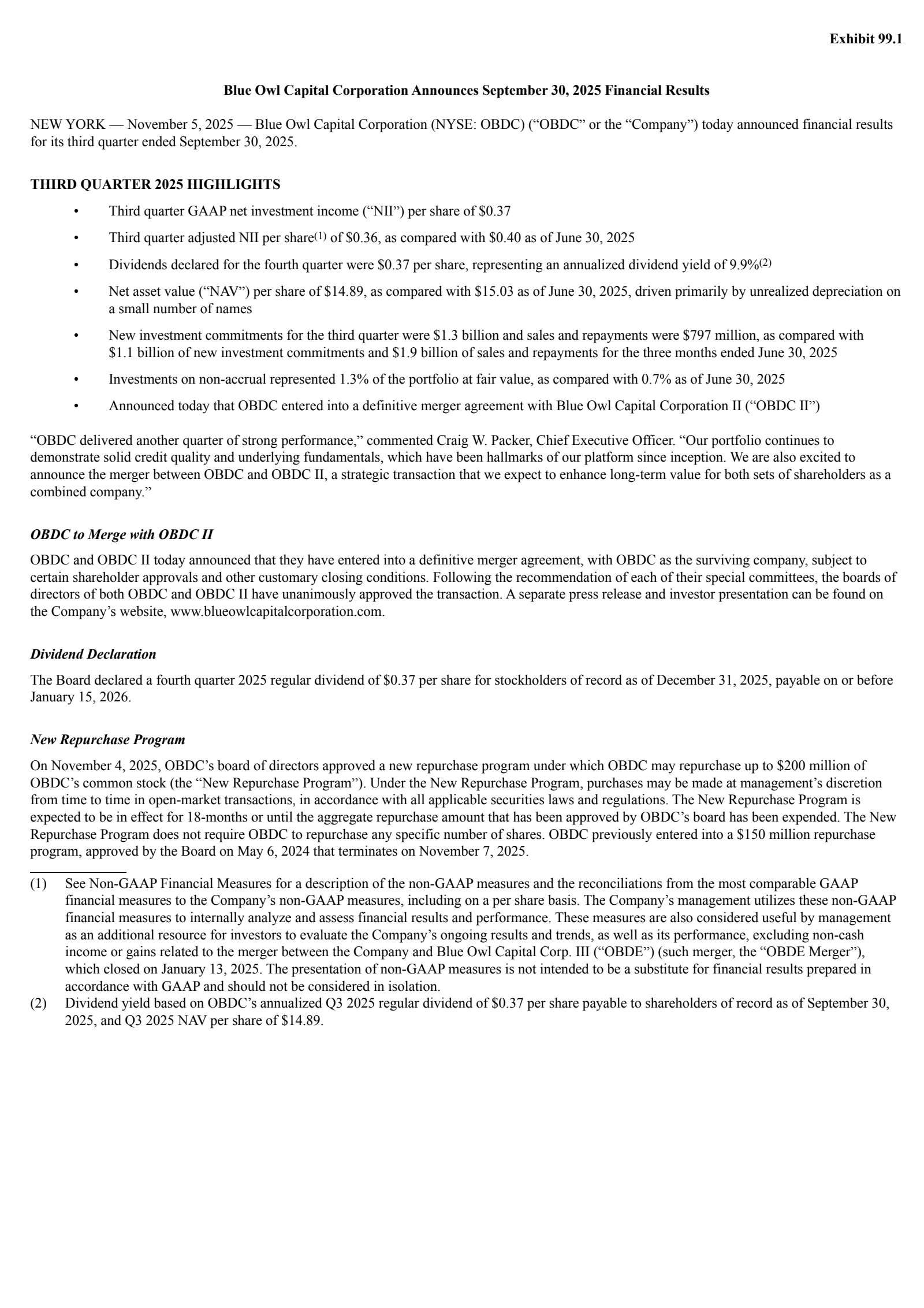 Blue Owl Capital's Q3 2025 Earnings Release