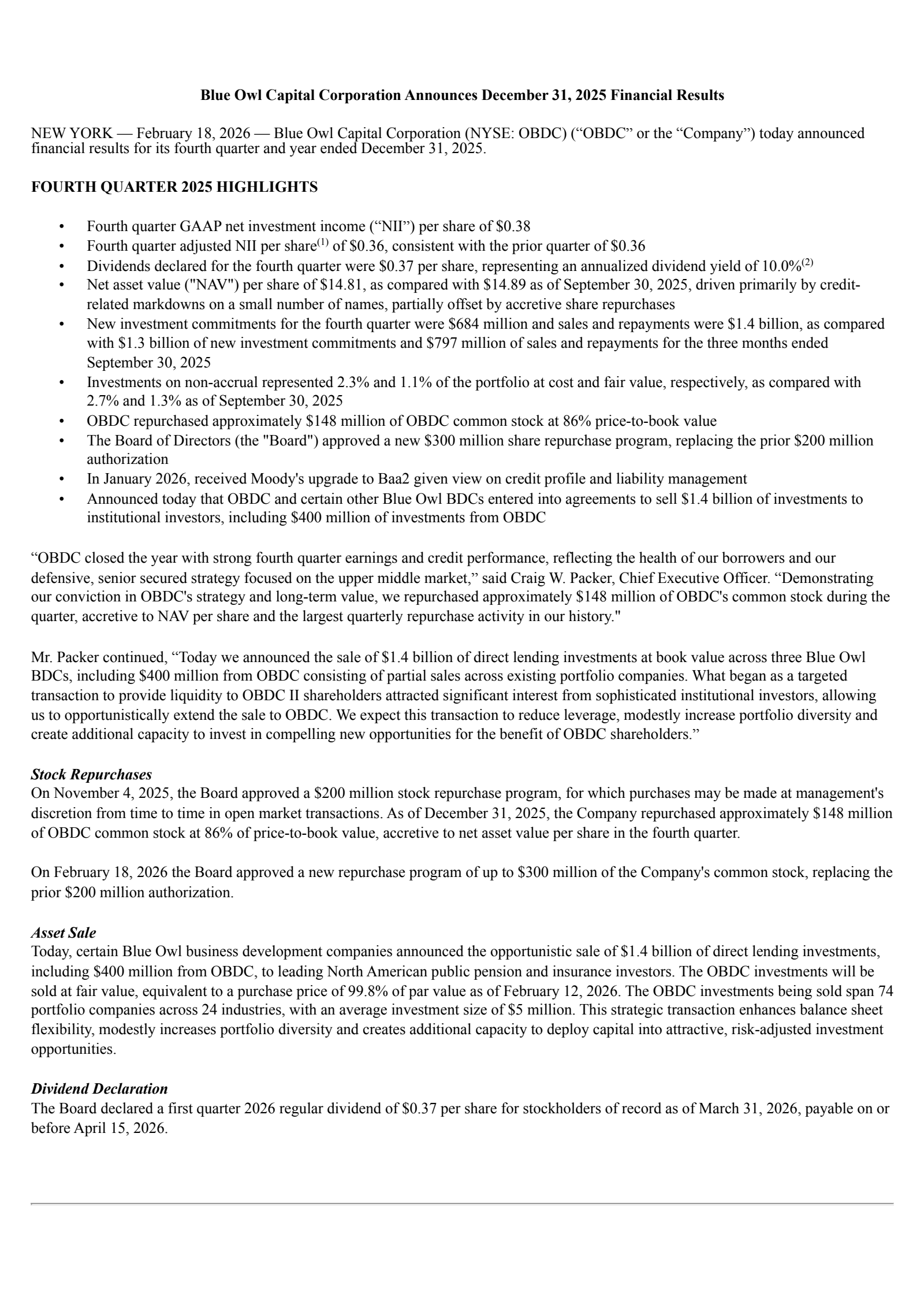 Blue Owl Capital's Q4 2025 Press Release