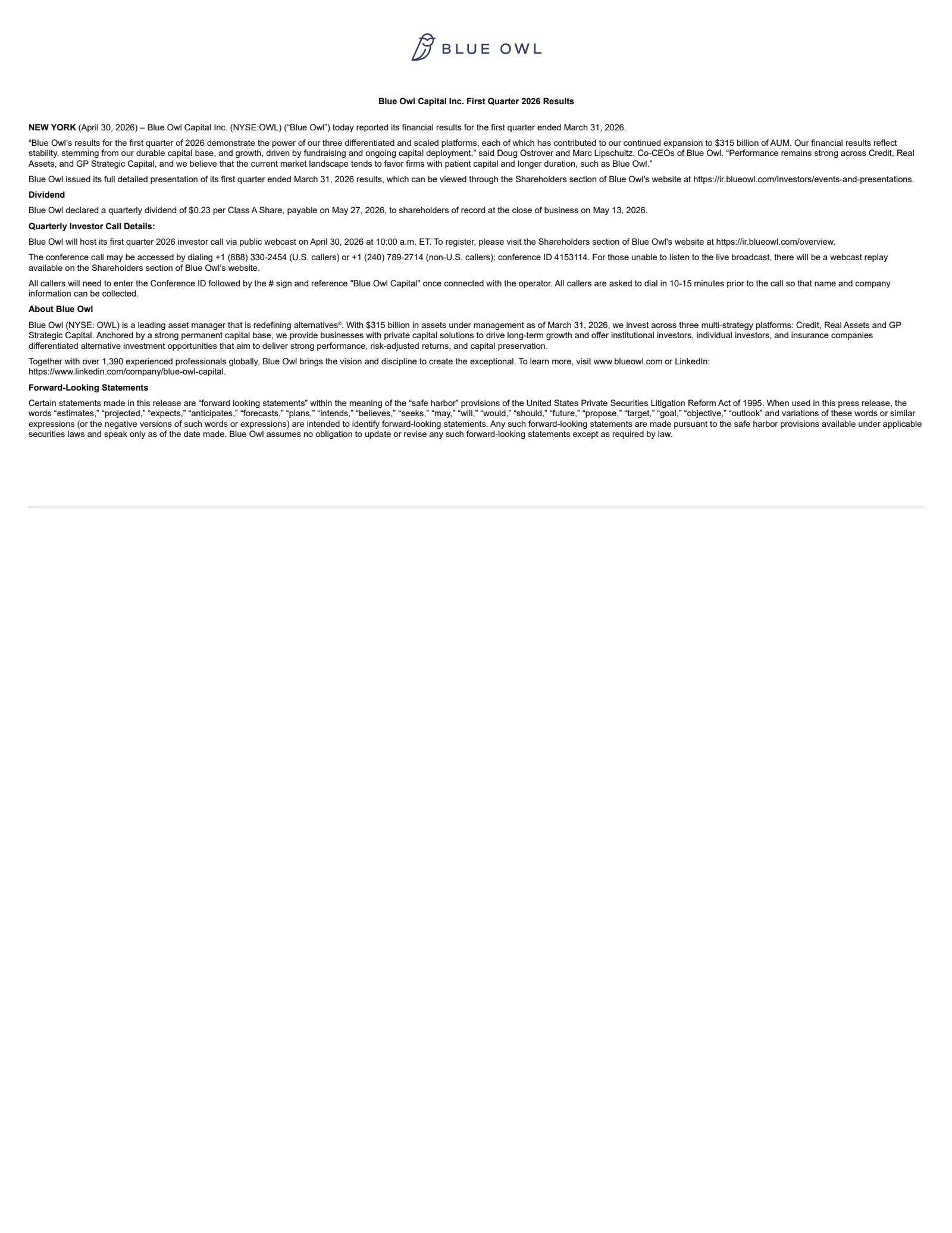 Blue Owl Capital's Q1 2026 Press Release
