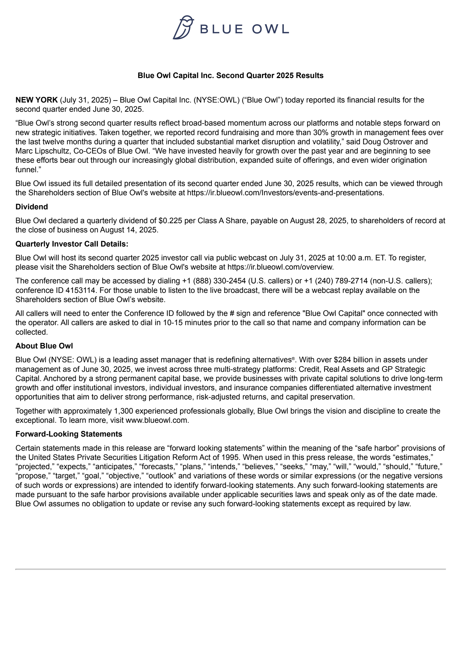 Blue Owl Capital's Q2 2025 Press Release