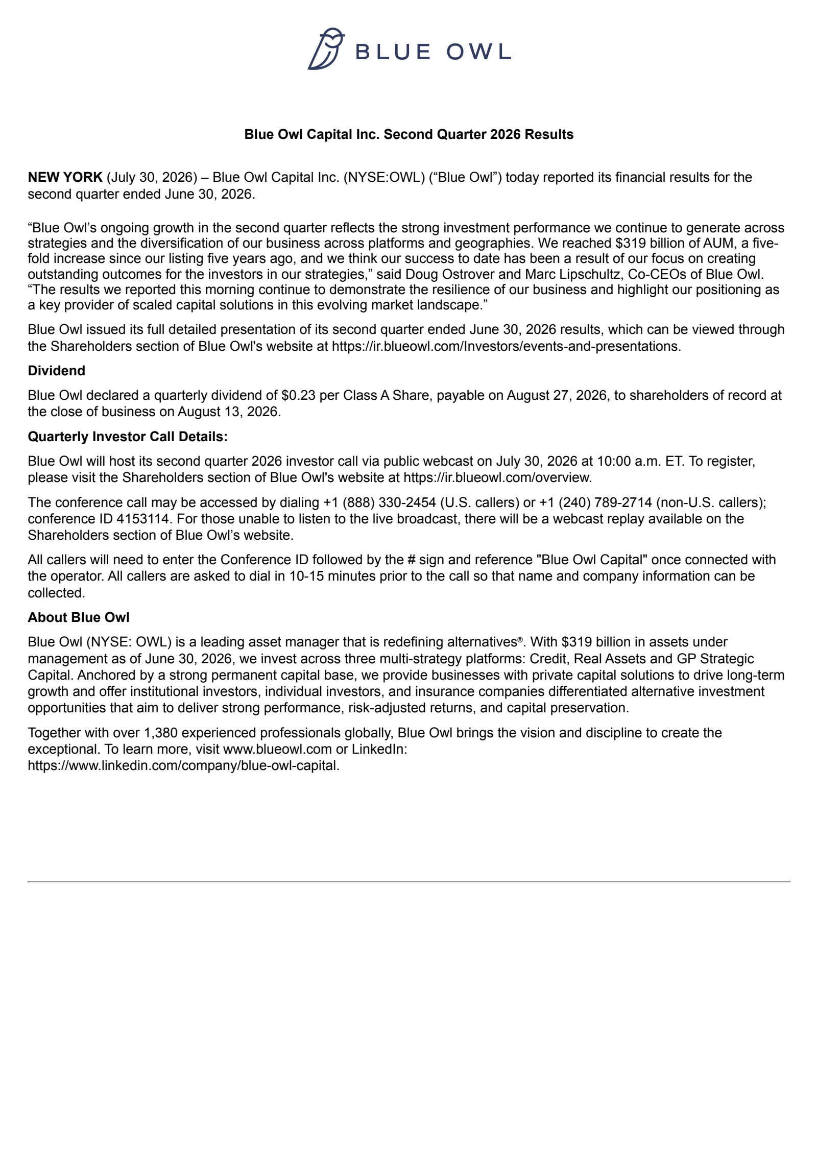 Blue Owl Capital's Q2 2026 Press Release