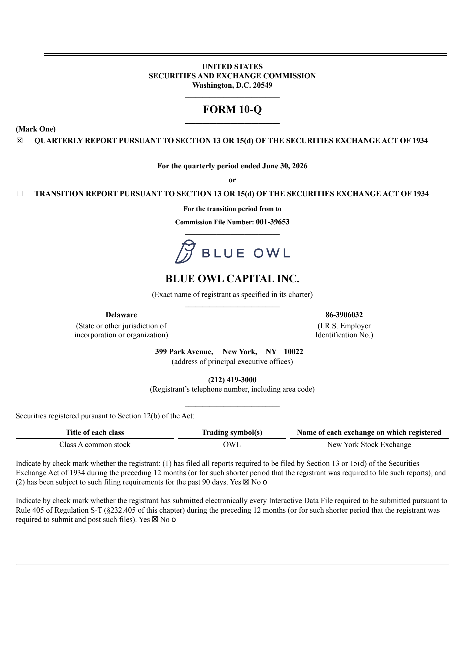 Blue Owl Capital's Q2 2026 Quarterly report