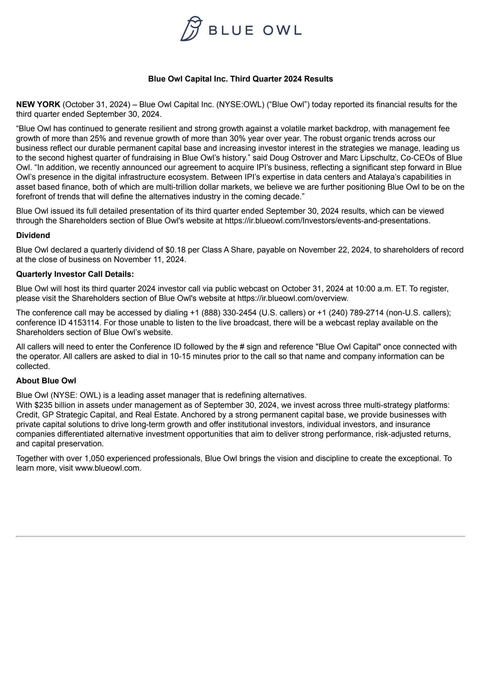 Blue Owl Capital's Q3 2024 Press Release