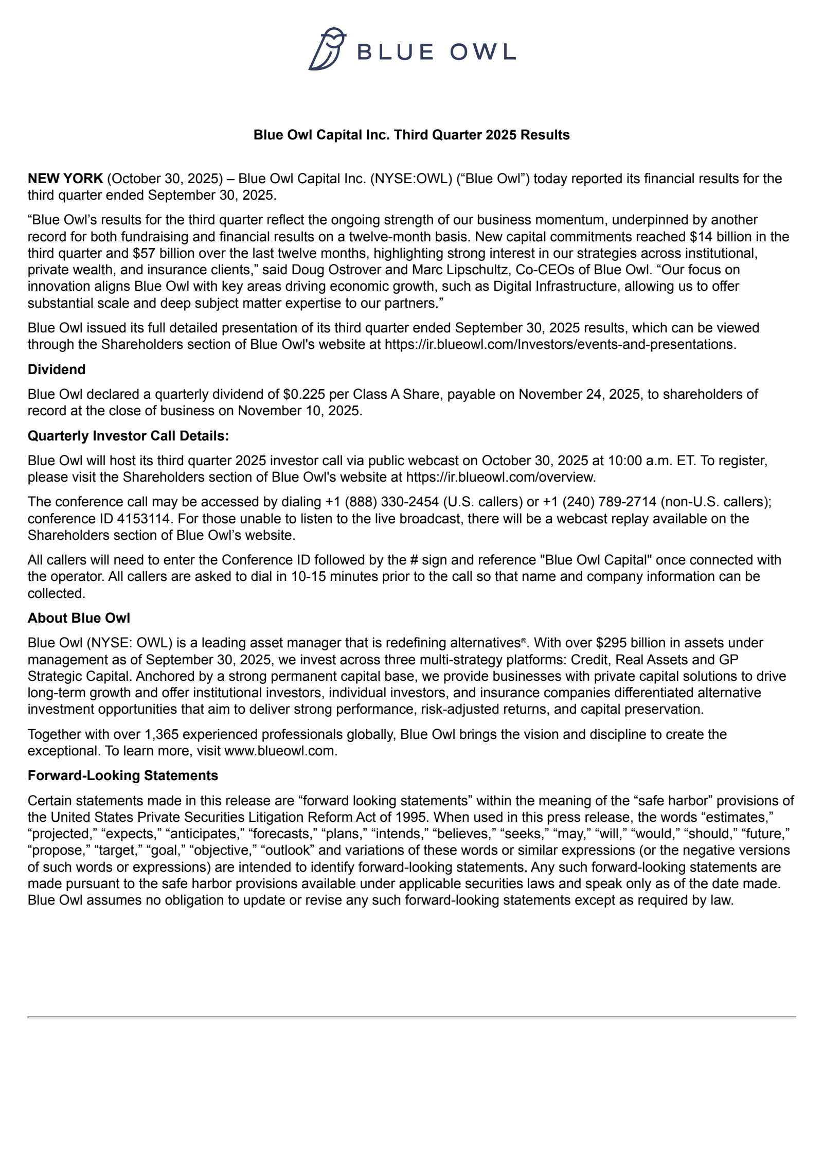 Blue Owl Capital's Q3 2025 Earnings Release