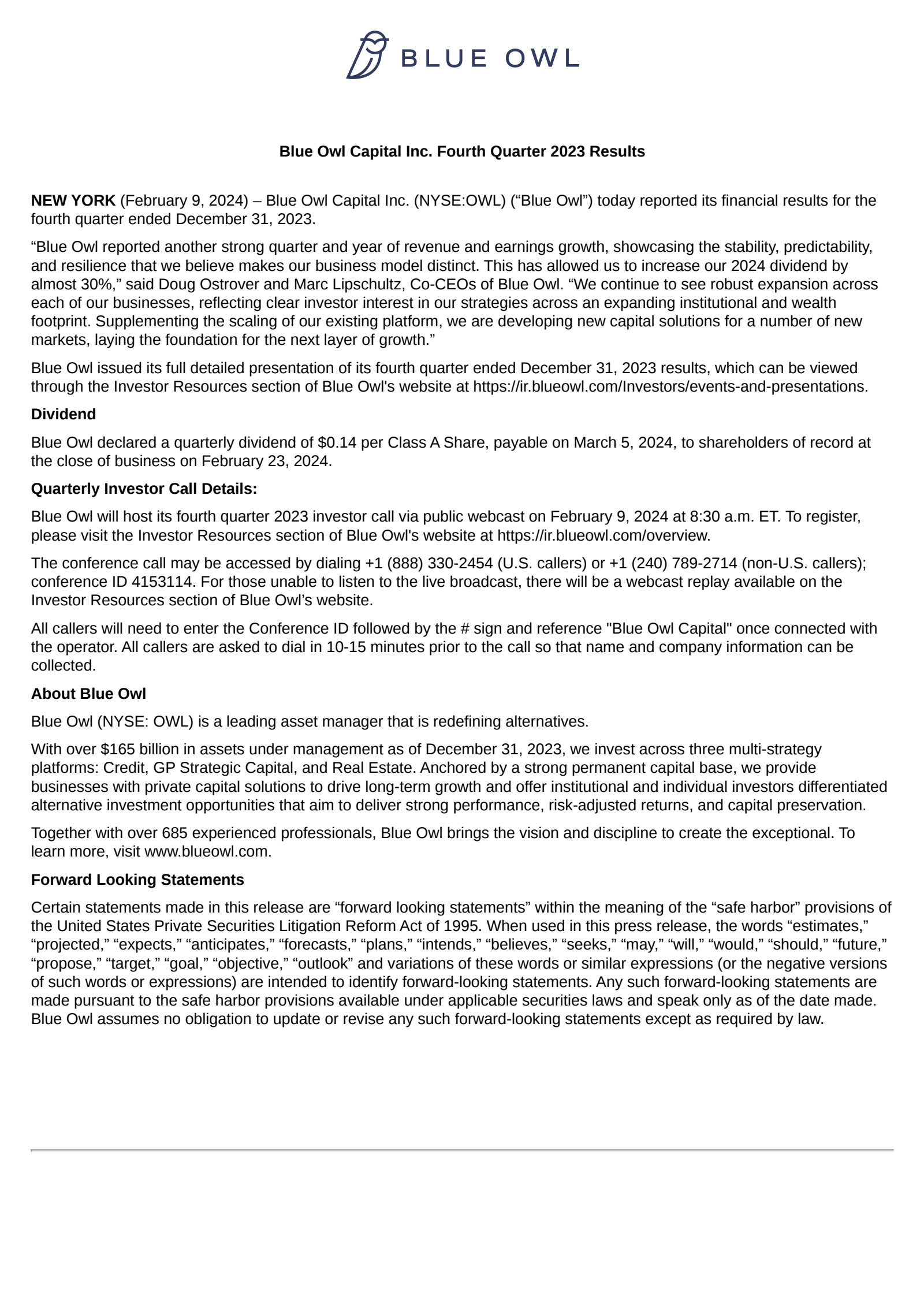 Blue Owl Capital's Q4 2023 Press Release