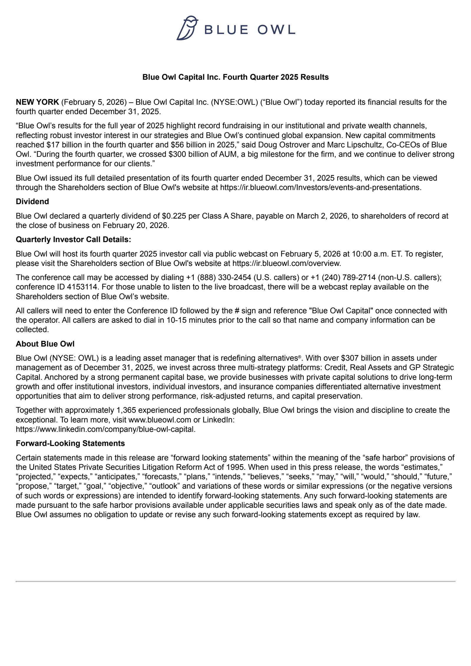 Blue Owl Capital's Q4 2025 Press Release