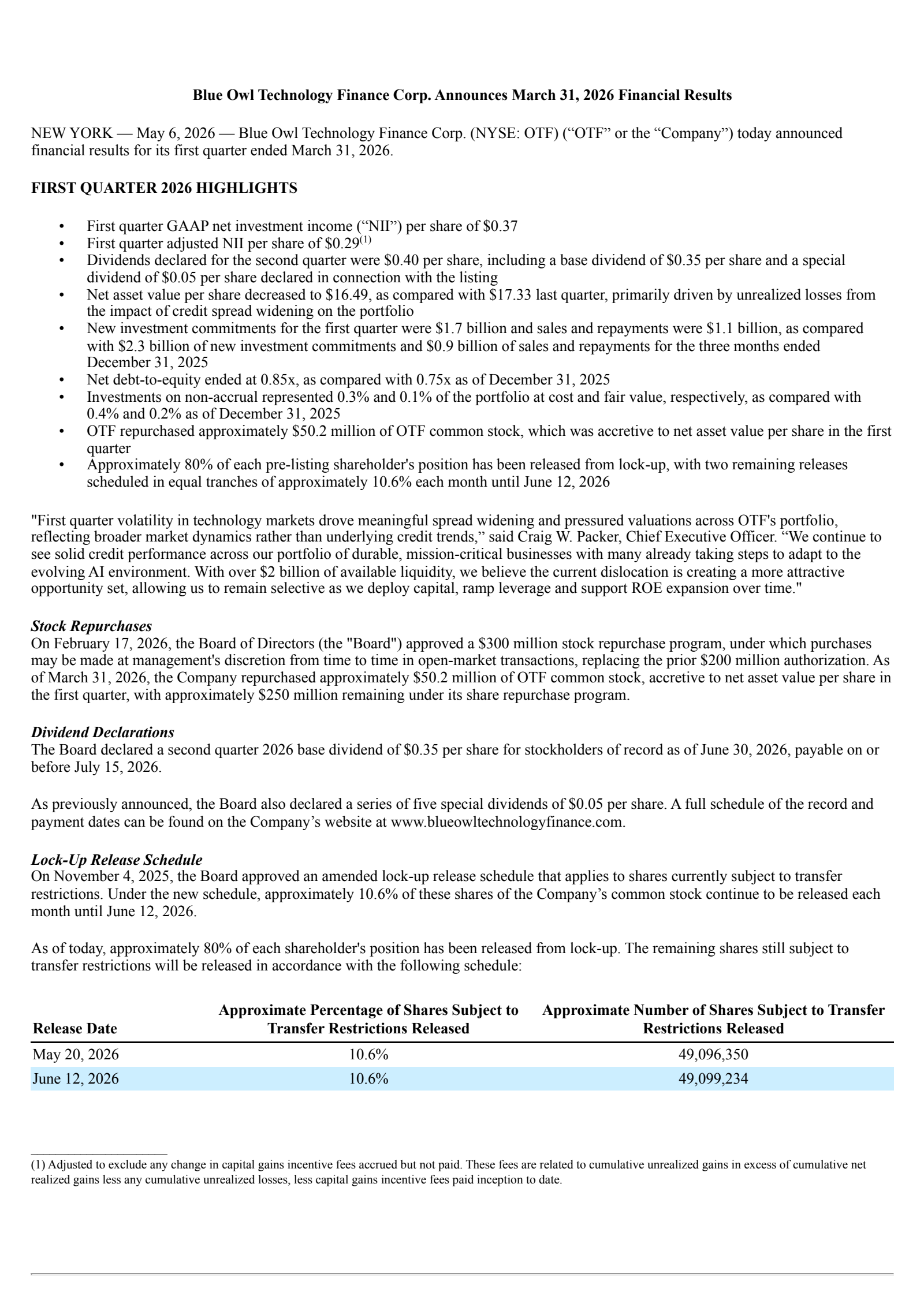 Blue Owl Technology Finance's Q1 2026 Press Release