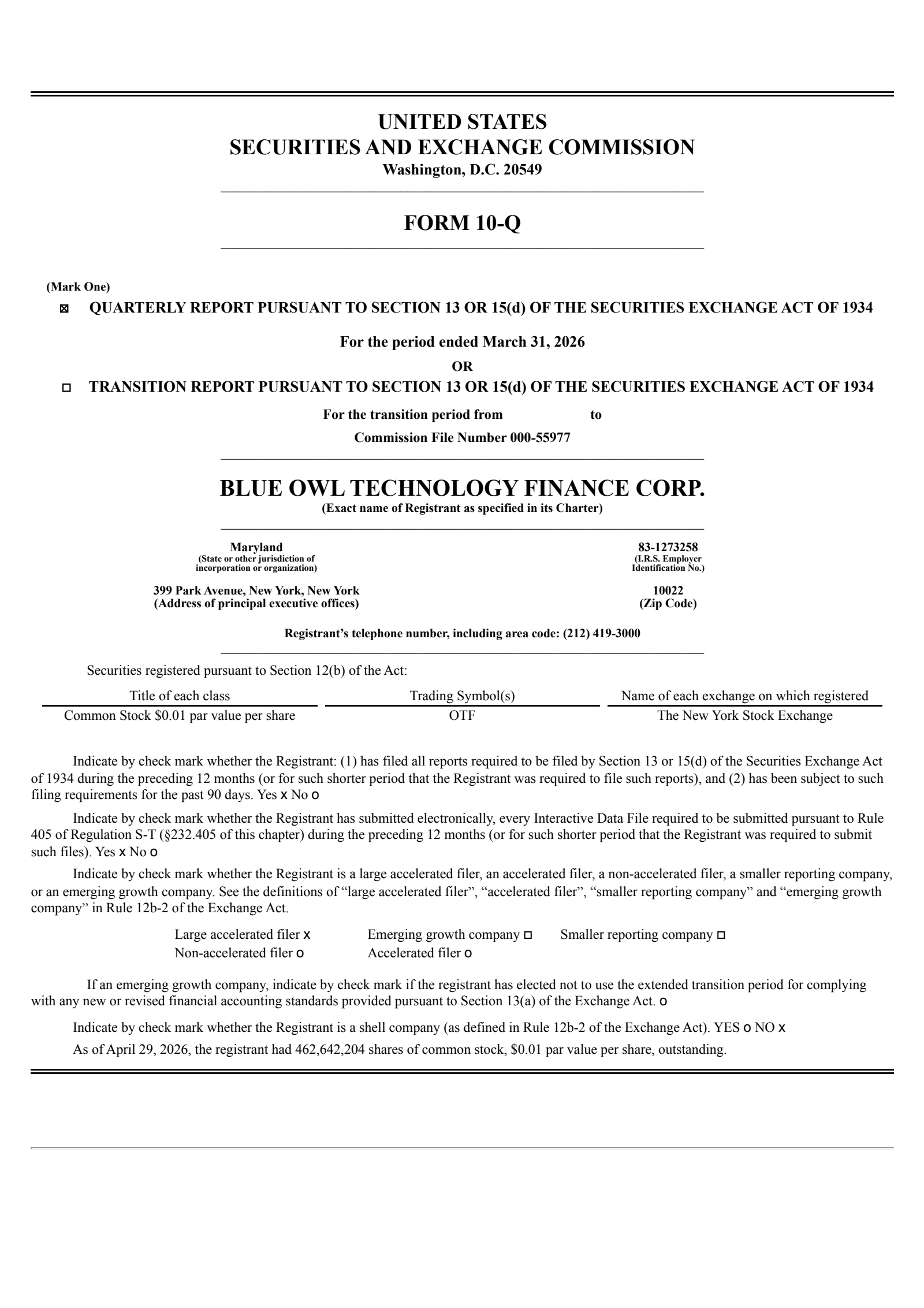 Blue Owl Technology Finance's Q1 2026 Quarterly report