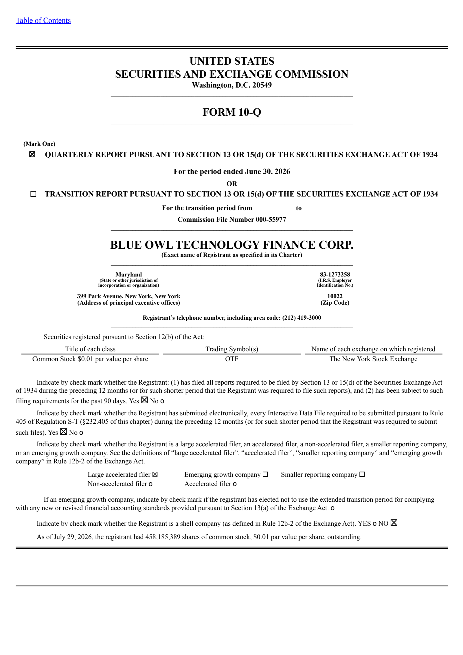 Blue Owl Technology Finance's Q2 2026 Quarterly report