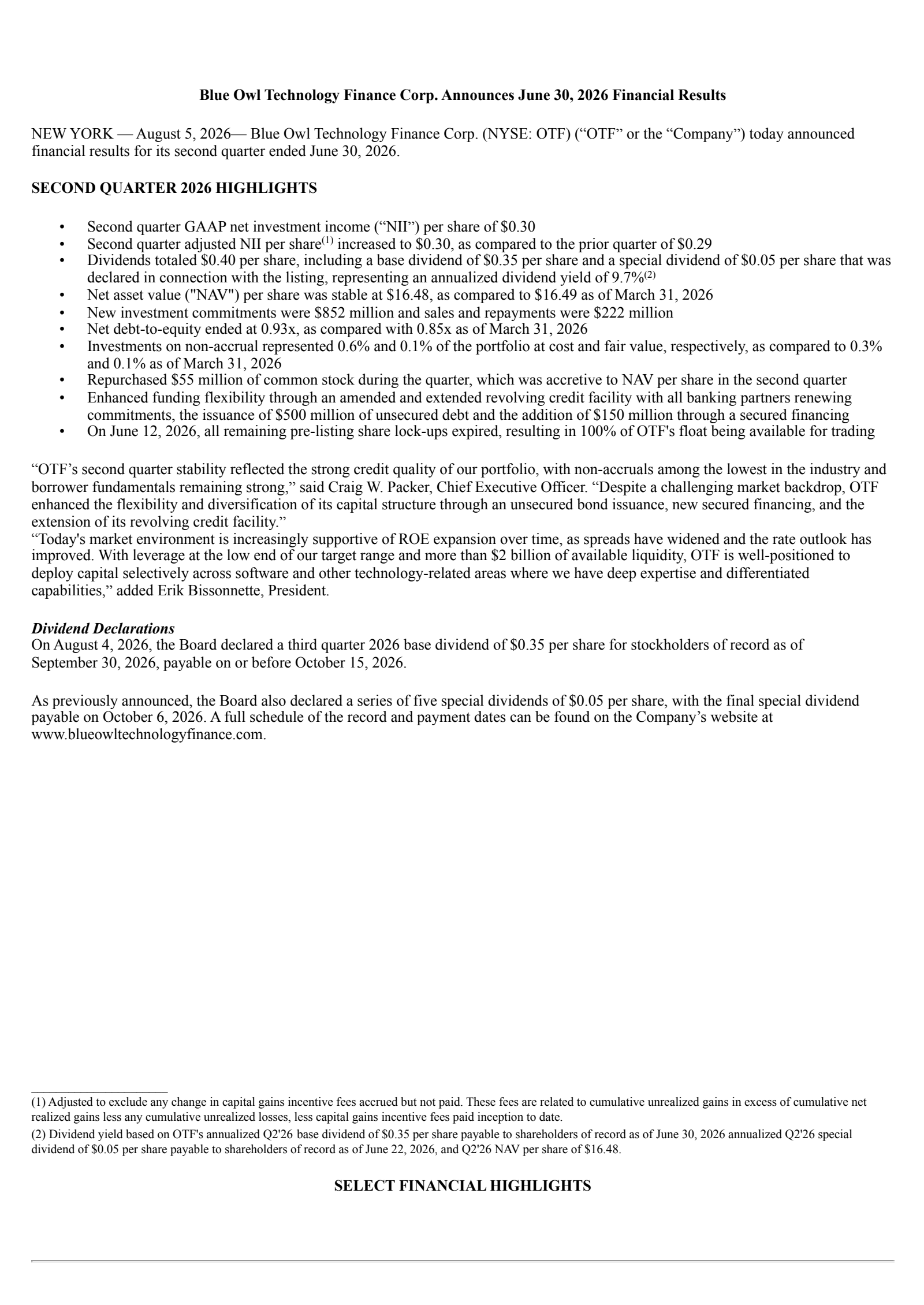Blue Owl Technology Finance's Q2 2026 Press Release