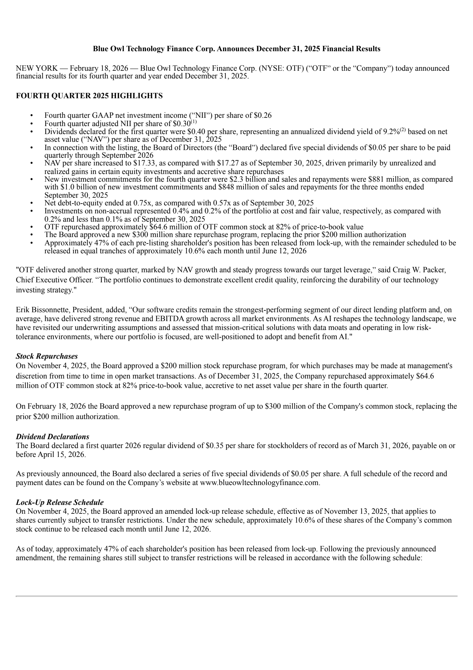Blue Owl Technology Finance's Q4 2025 Press Release