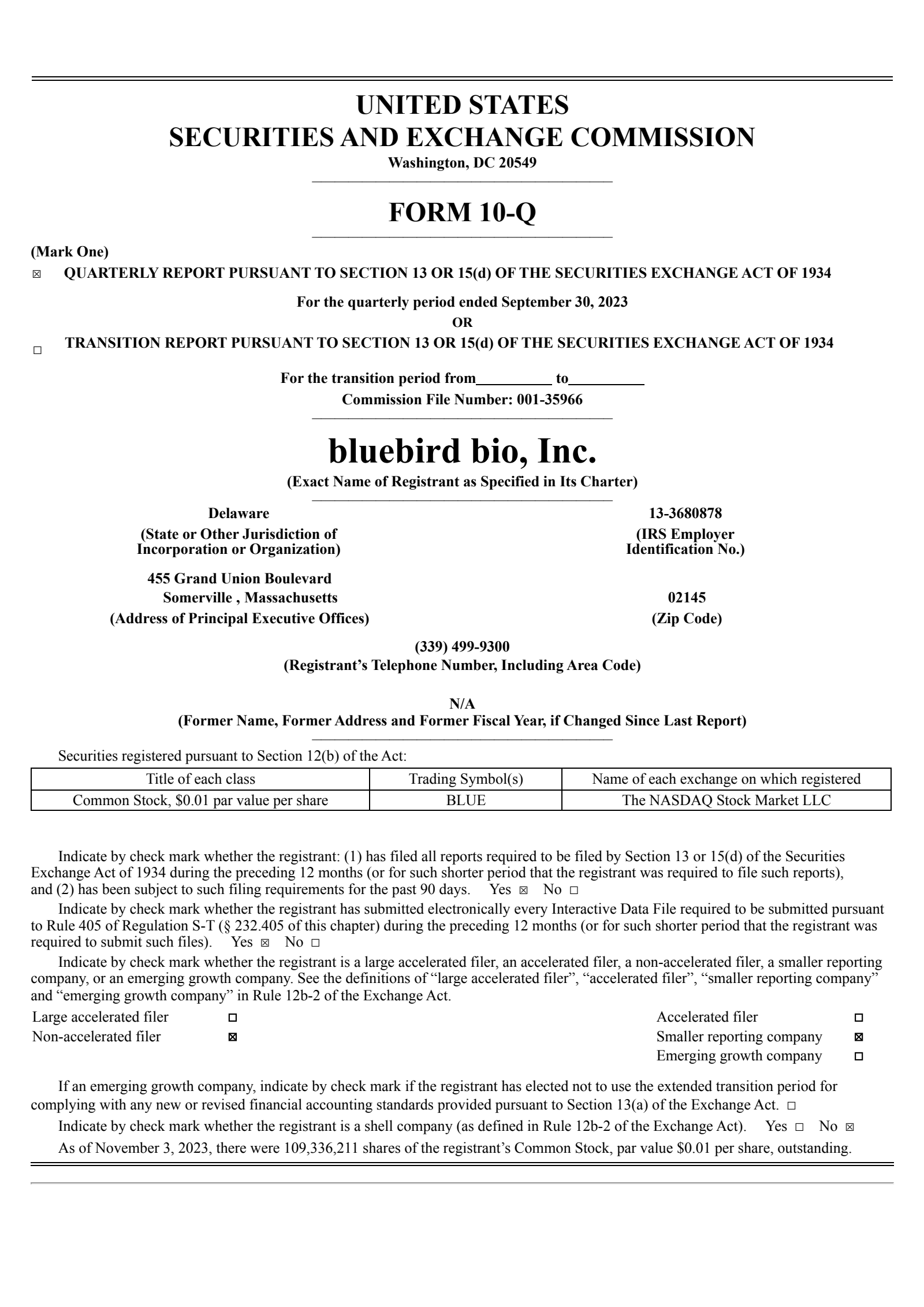bluebird bio's Q3 2023 Quarterly report