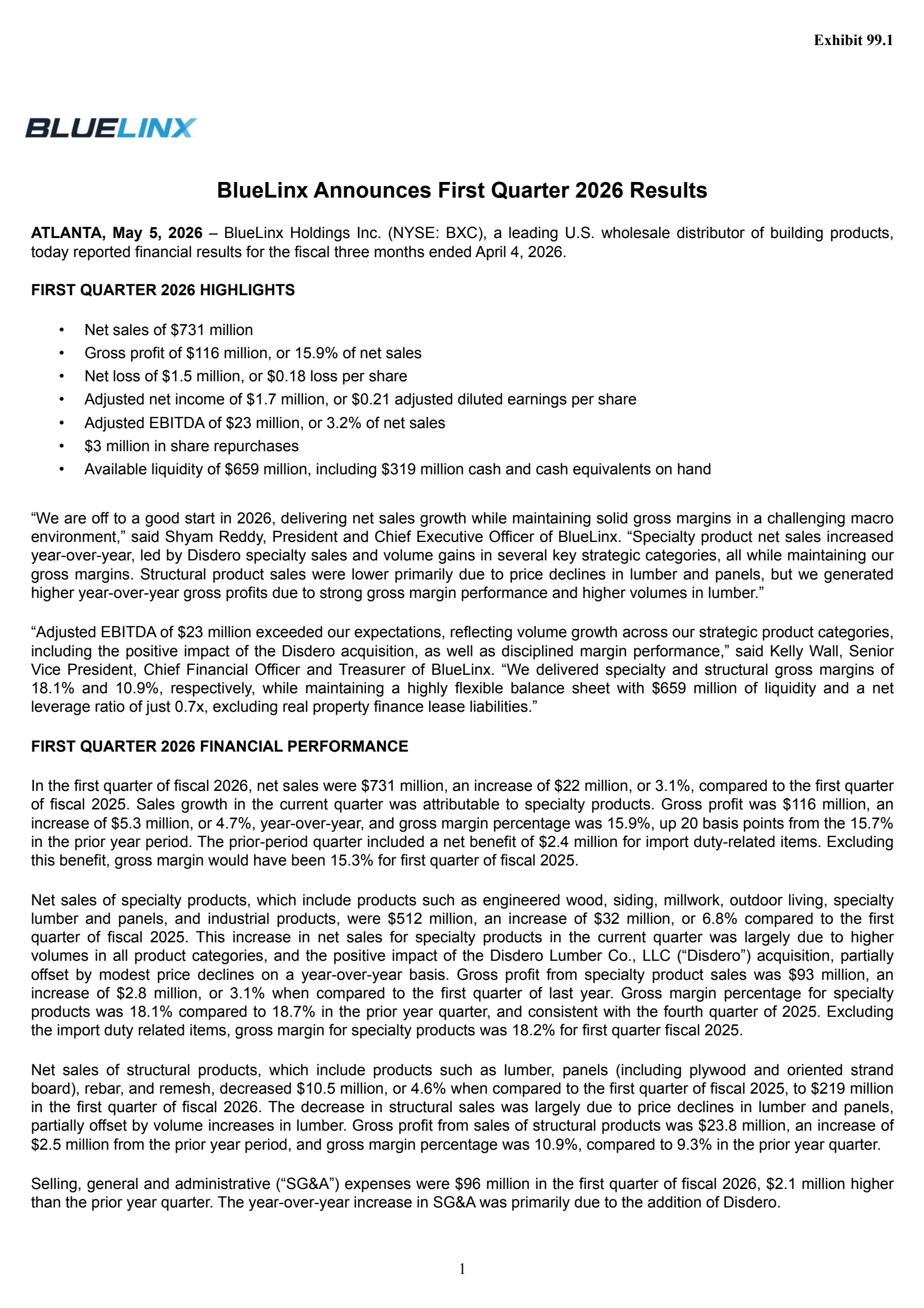 BlueLinx's Q1 2026 Press Release