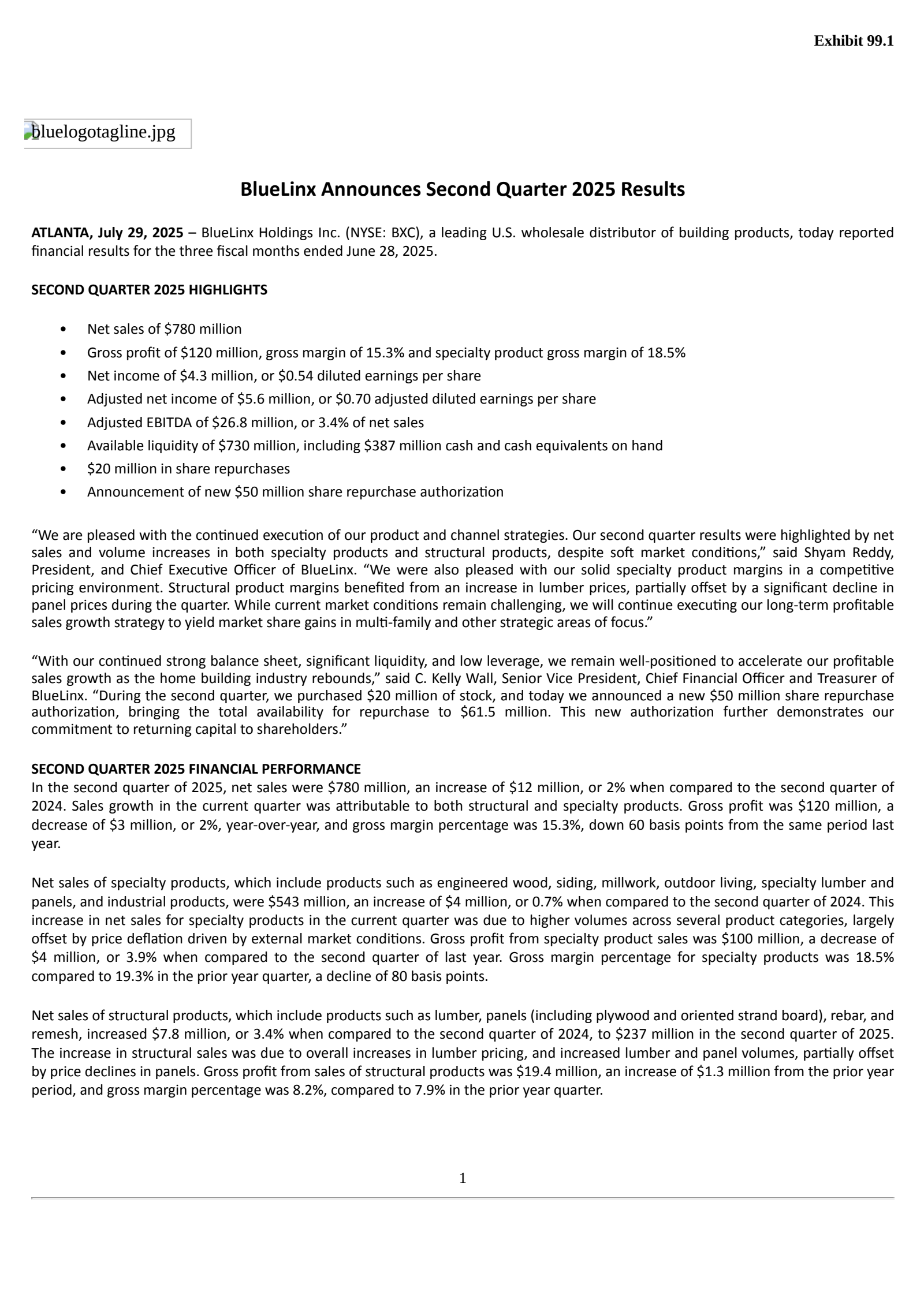 BlueLinx's Q2 2025 Press Release