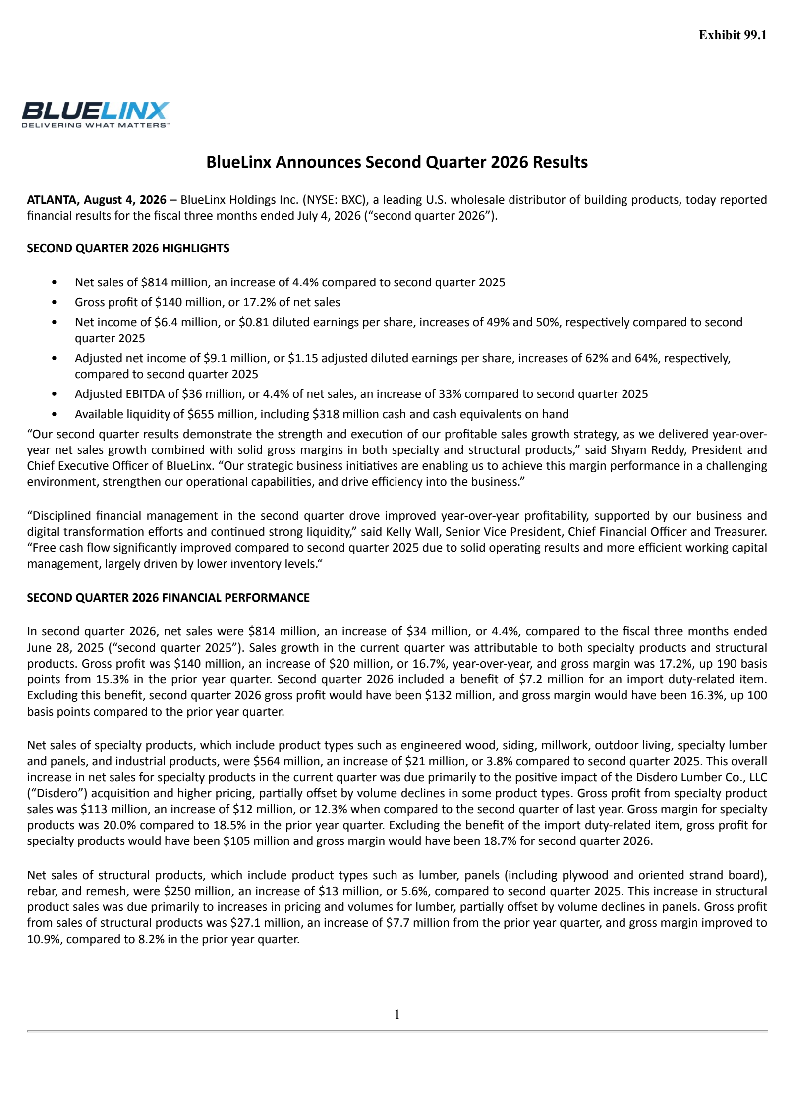 BlueLinx's Q2 2026 Press Release