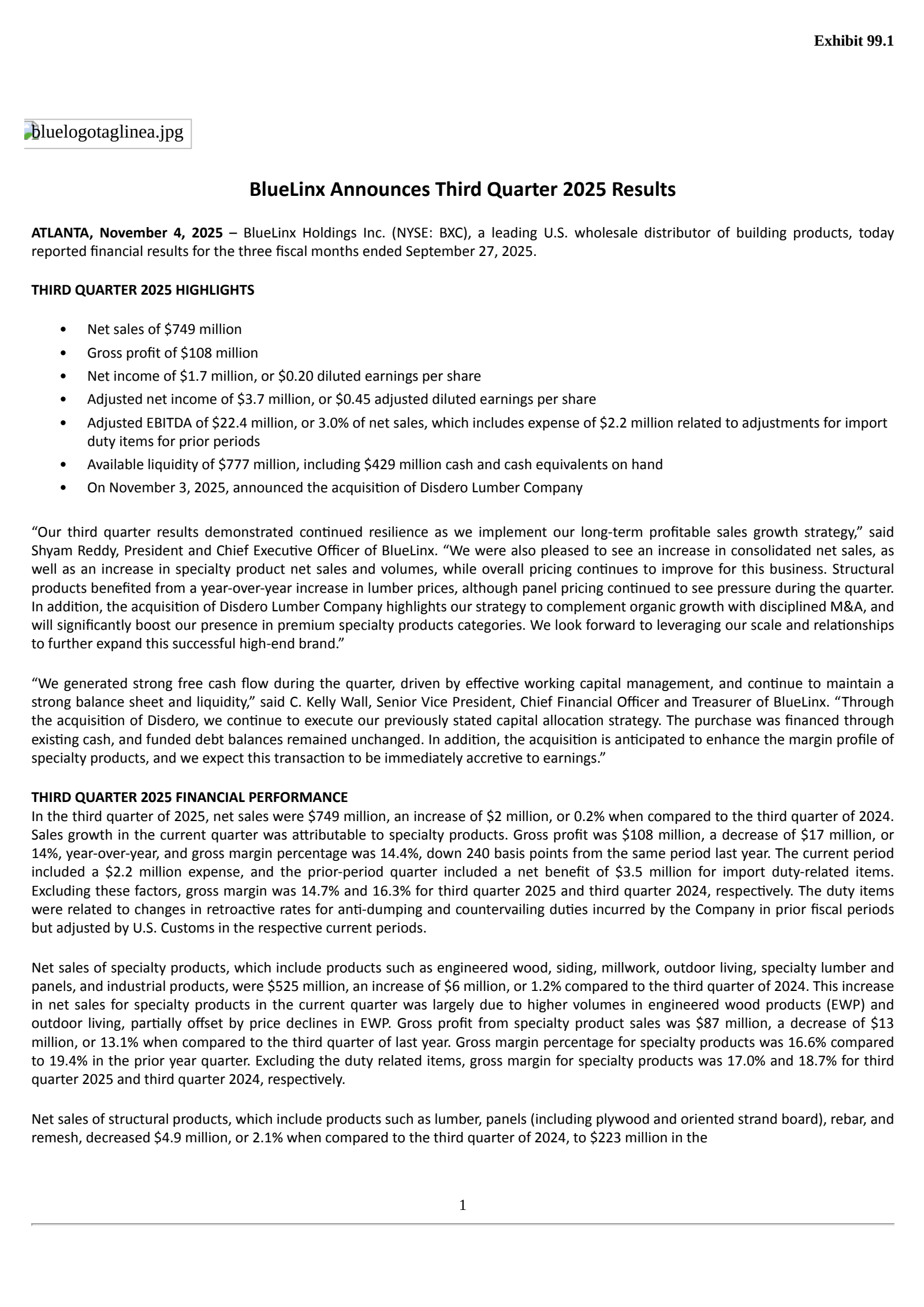 BlueLinx's Q3 2025 Earnings Release
