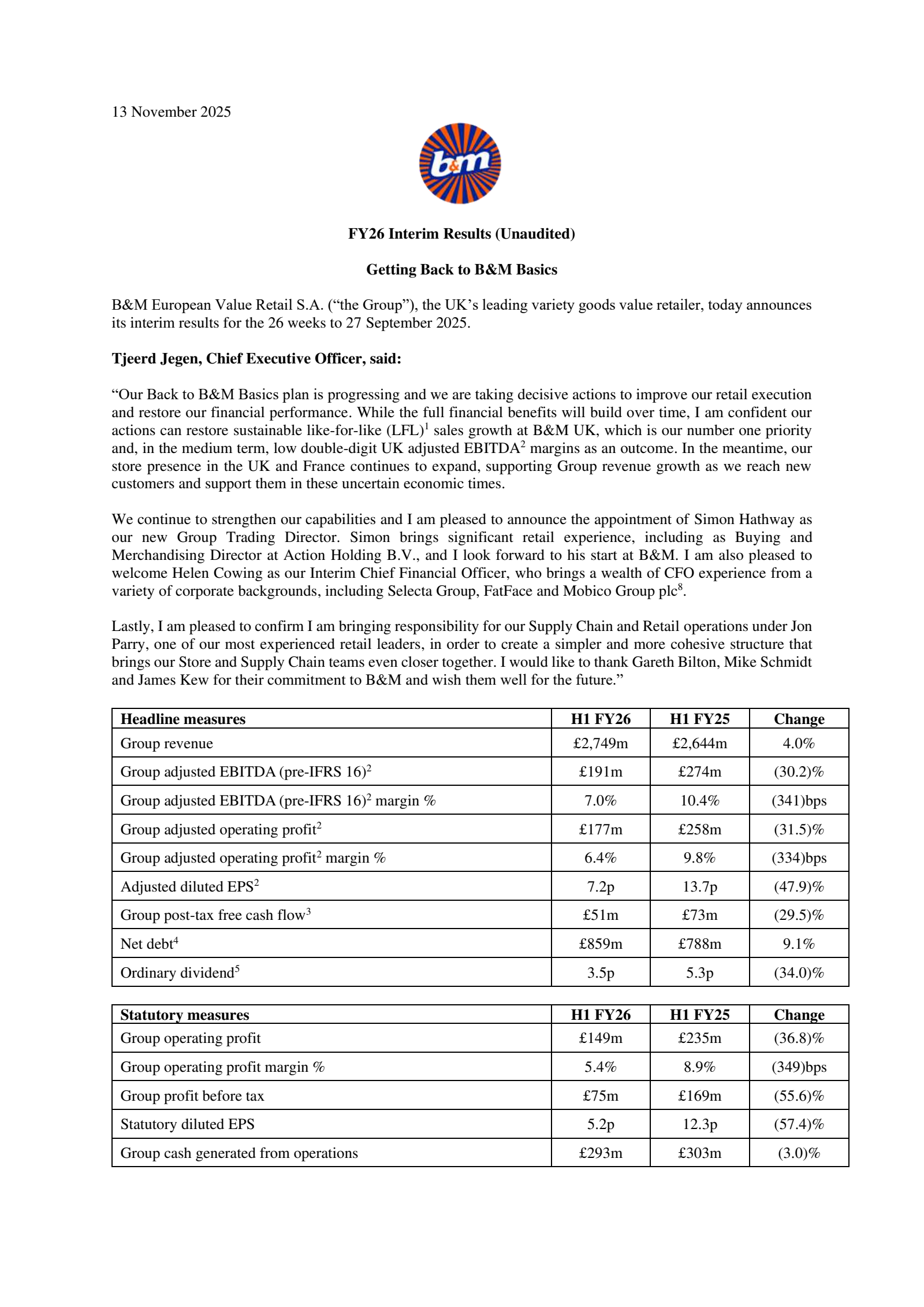 B&M European Value Retail's H1 2026 Interim Report