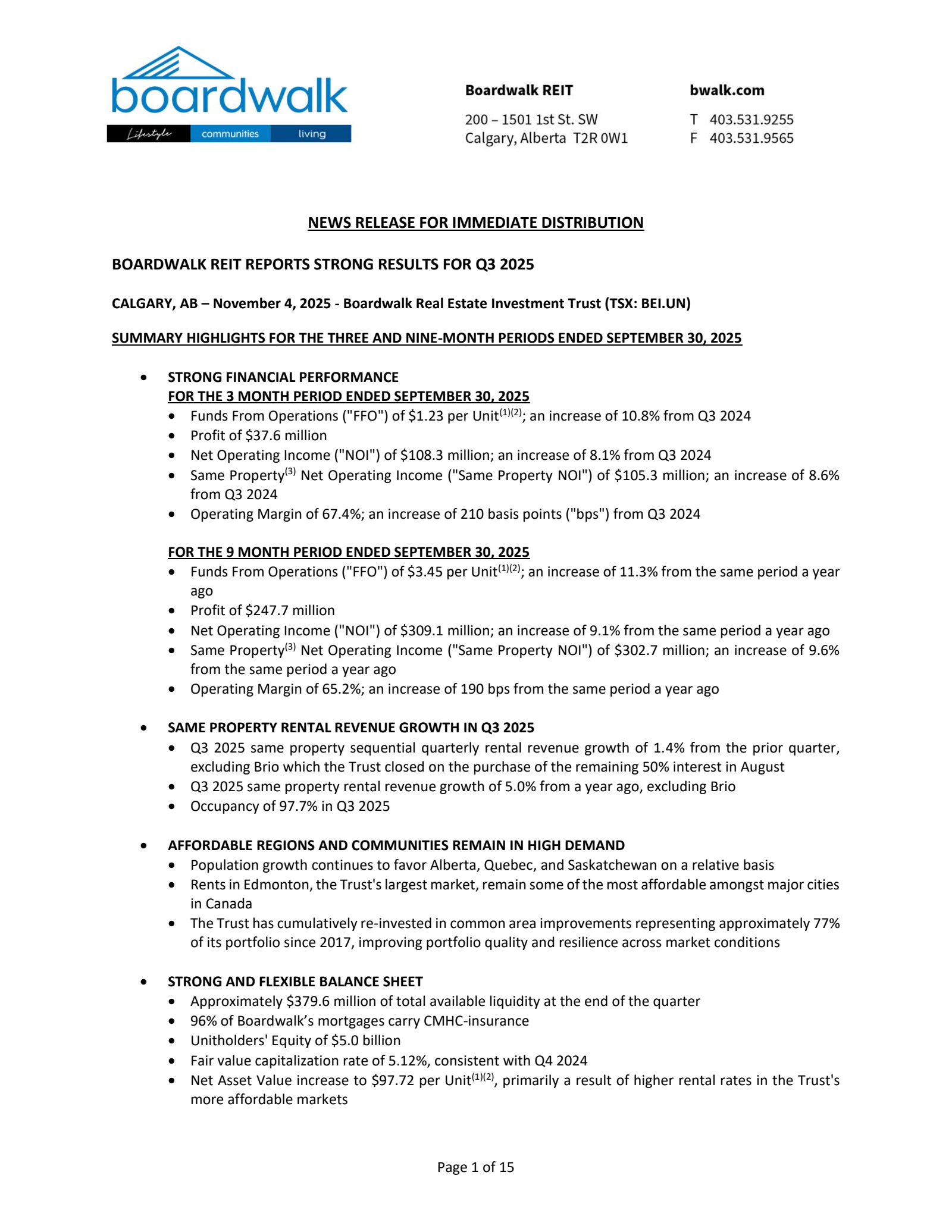 Boardwalk Real Estate Investment Trust's Q3 2025 Earnings Release