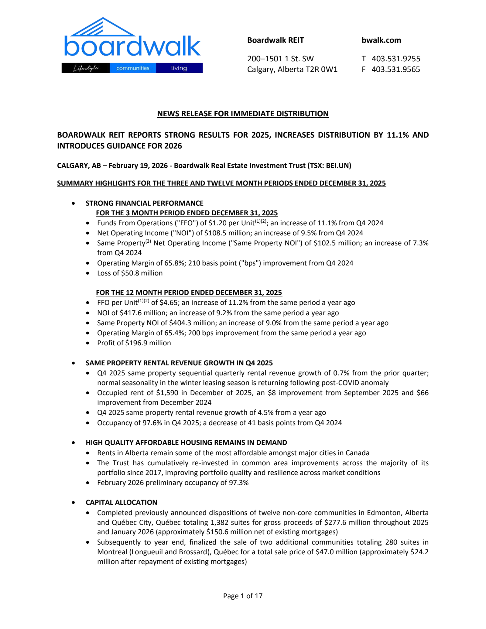 Boardwalk Real Estate Investment Trust's Q4 2025 Press Release