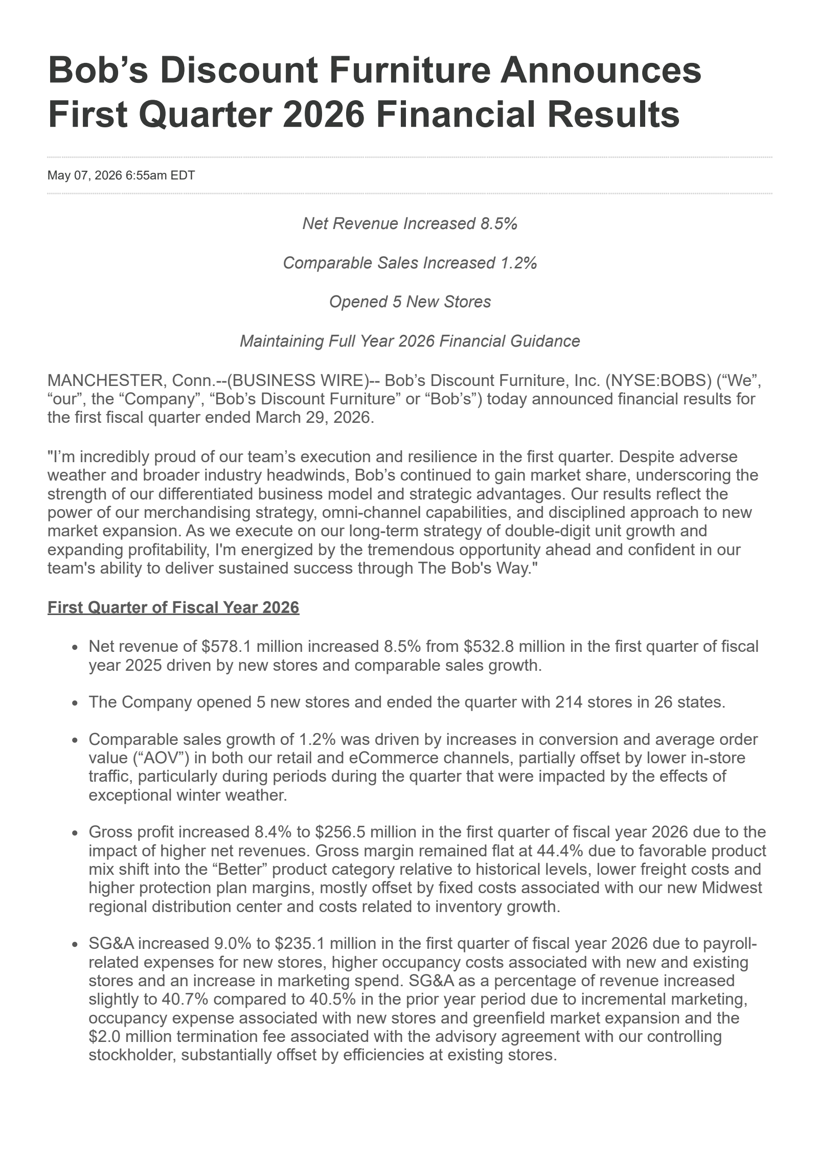 Bob's Discount Furniture's Q1 2026 Press Release
