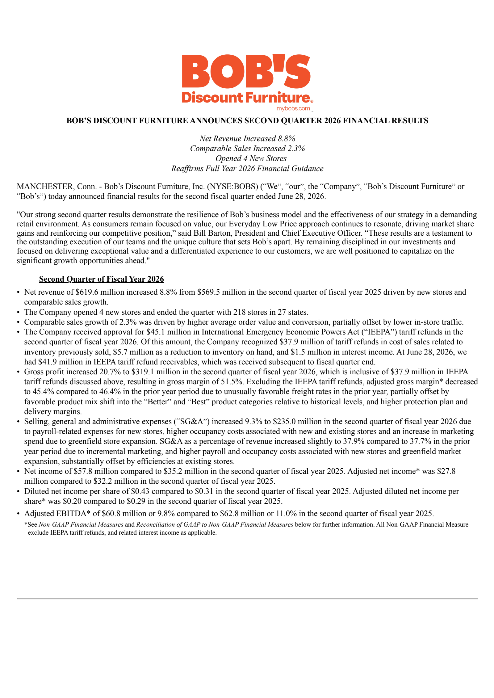 Bob's Discount Furniture's Q2 2026 Press Release