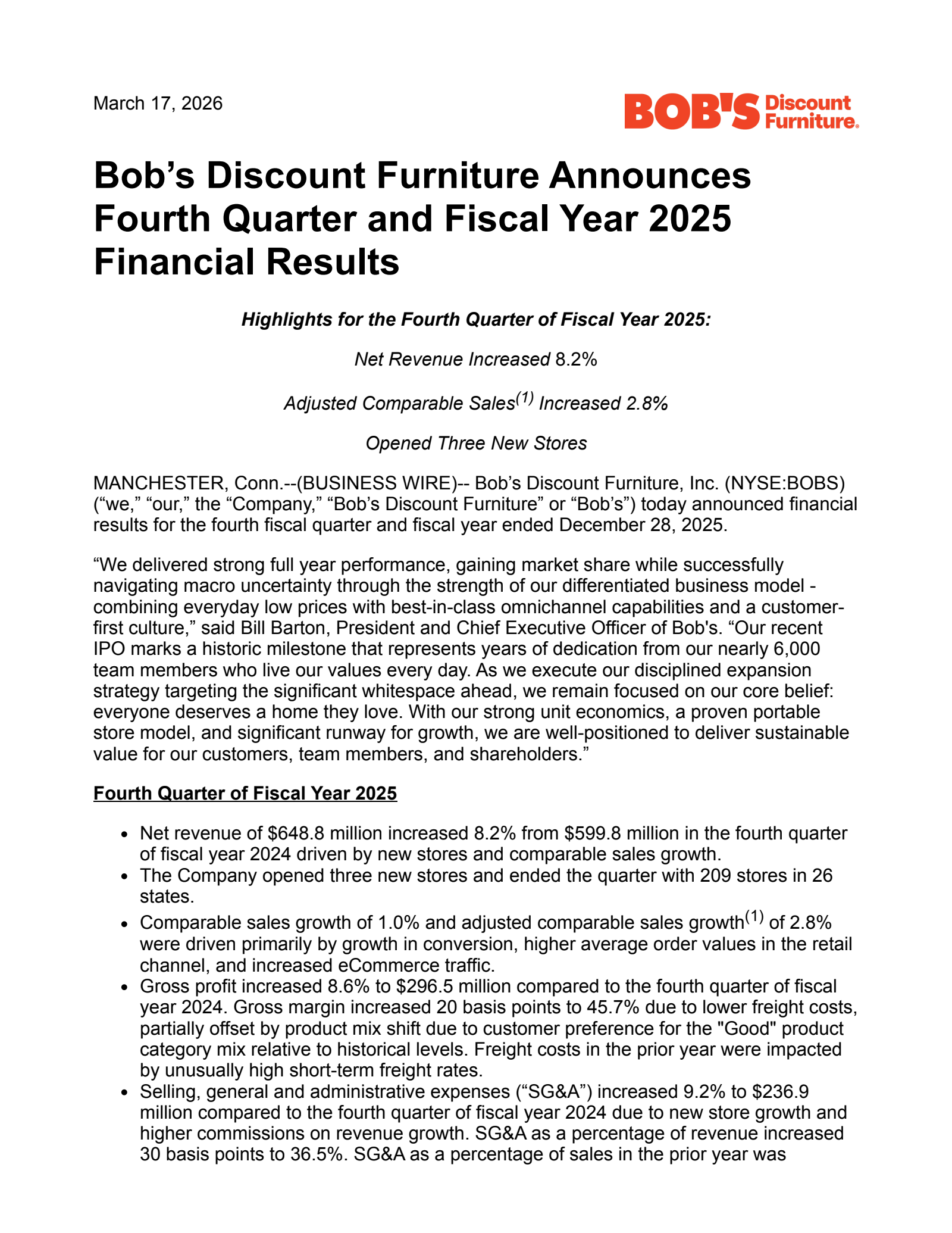 Bob's Discount Furniture's Q4 2025 Press Release