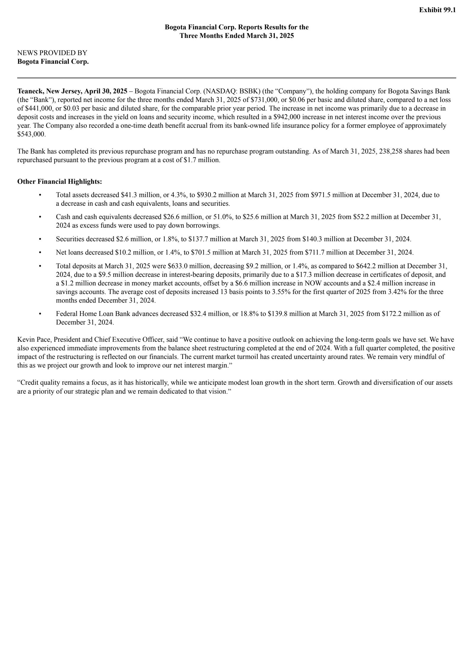 Bogota Financial's Q1 2025 Press Release