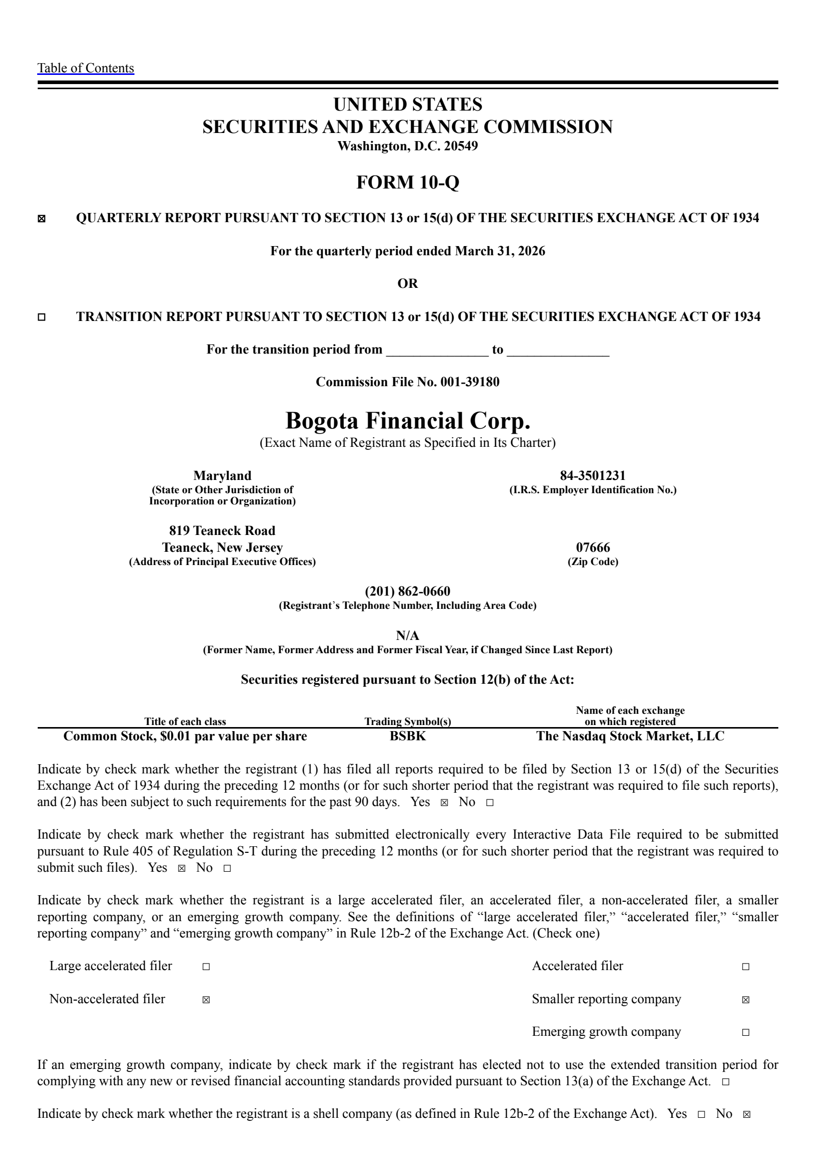 Bogota Financial's Q1 2026 Quarterly report