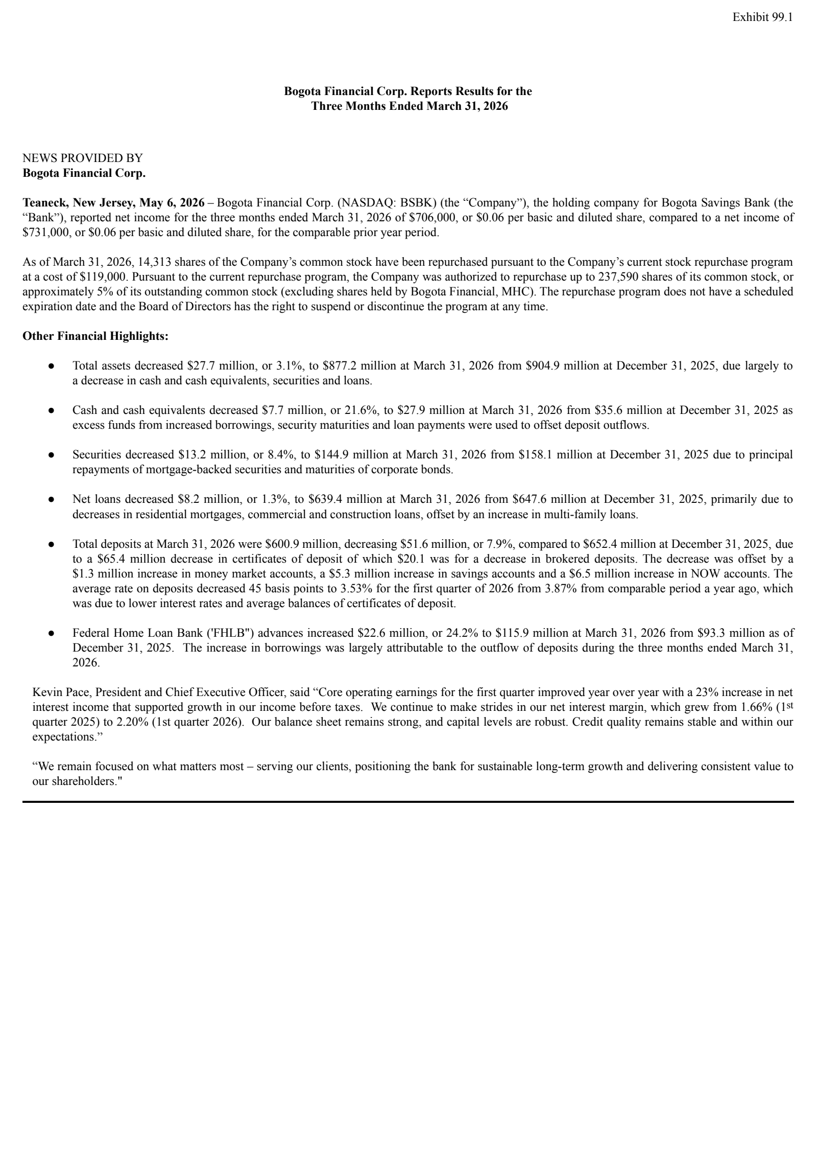 Bogota Financial's Q1 2026 Press Release