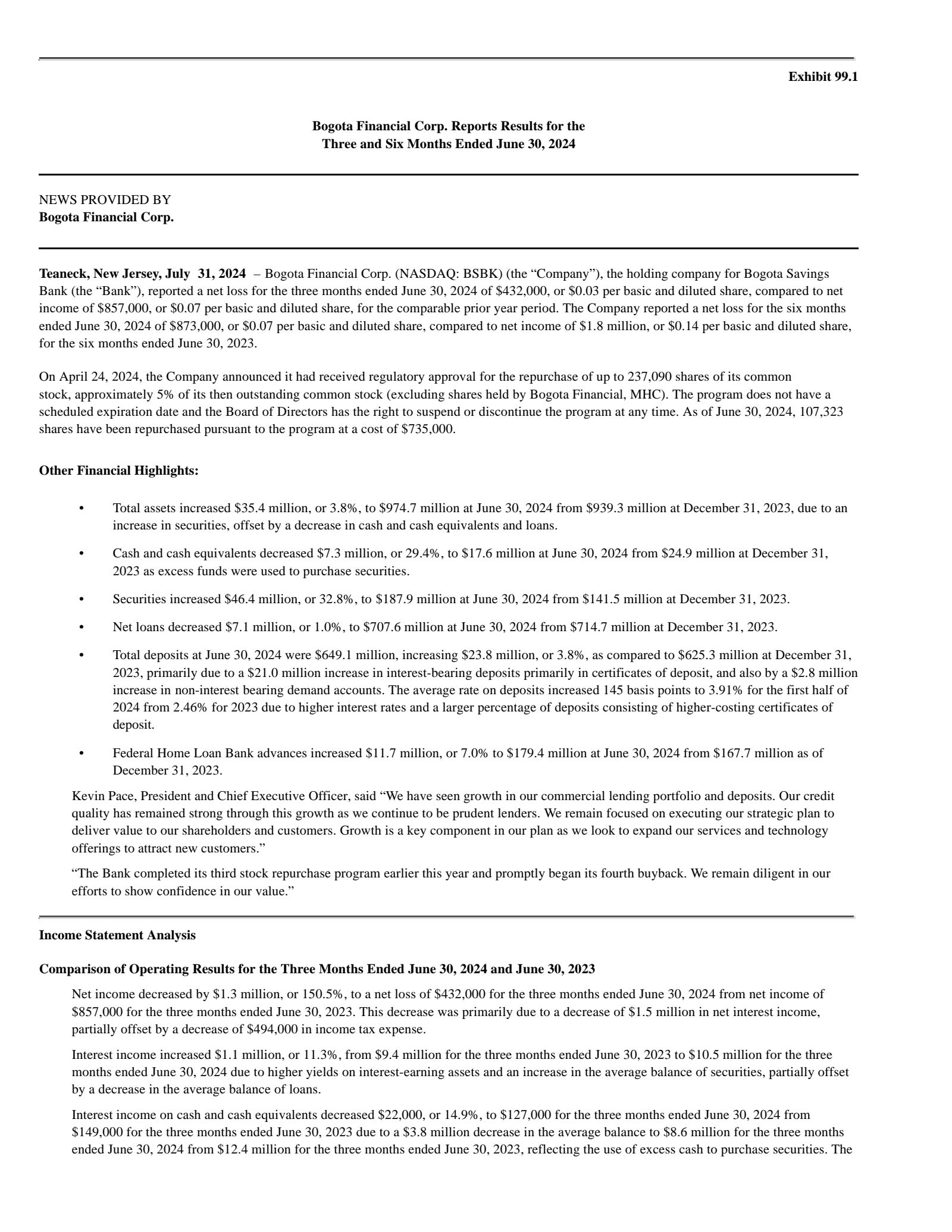 Bogota Financial's Q2 2024 Press Release