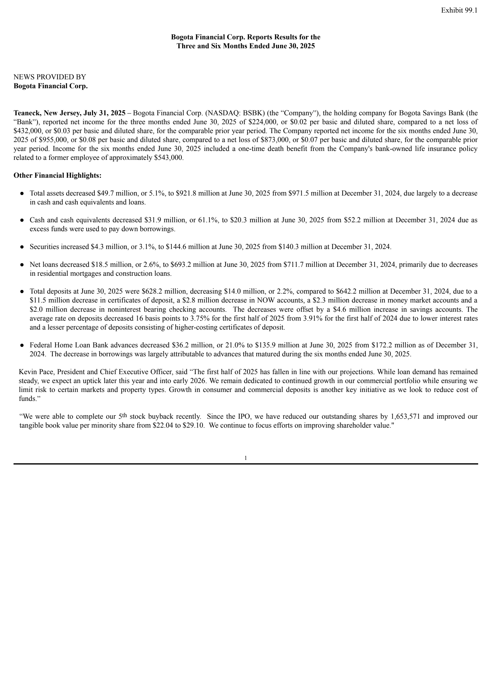 Bogota Financial's Q2 2025 Press Release