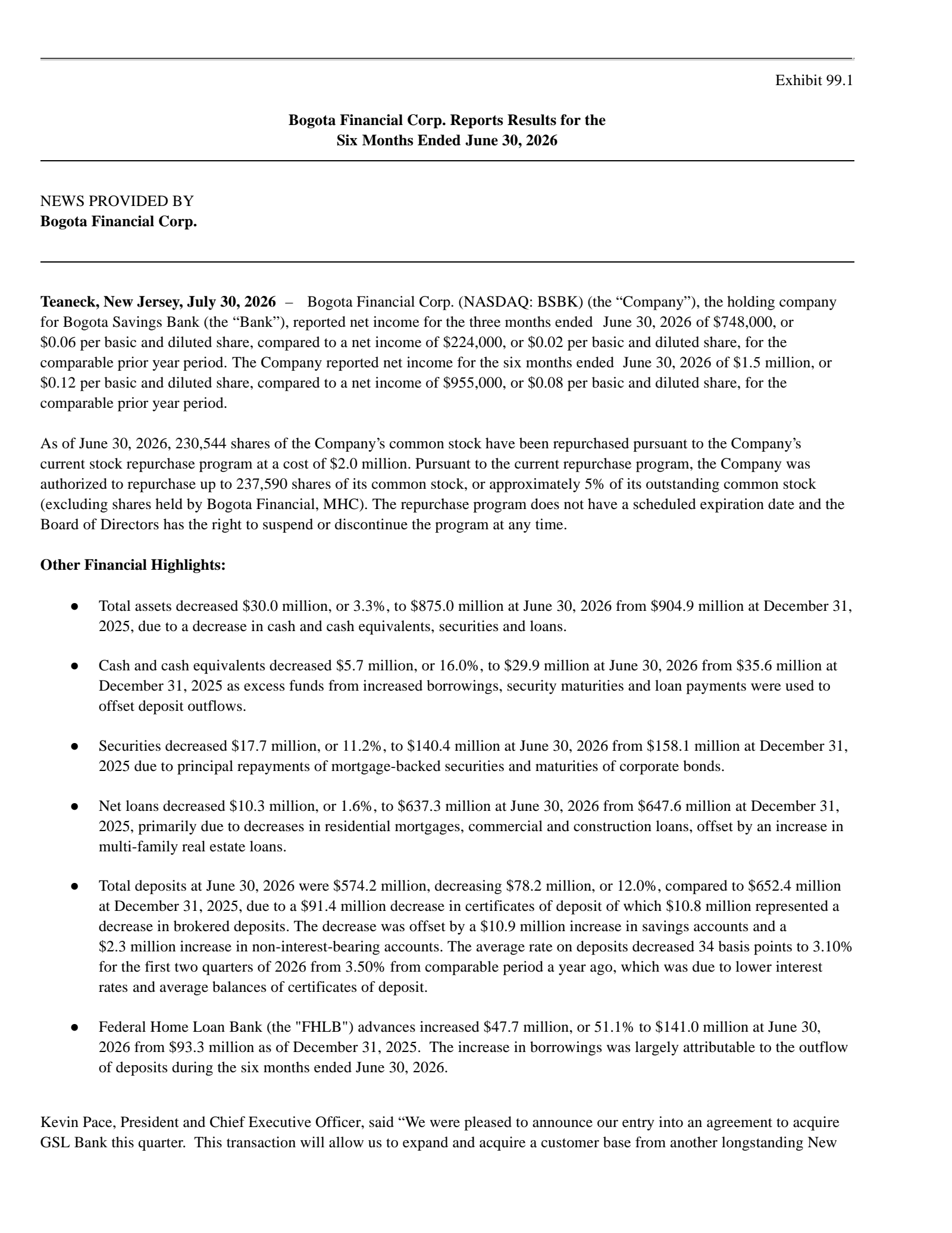 Bogota Financial's Q2 2026 Press Release