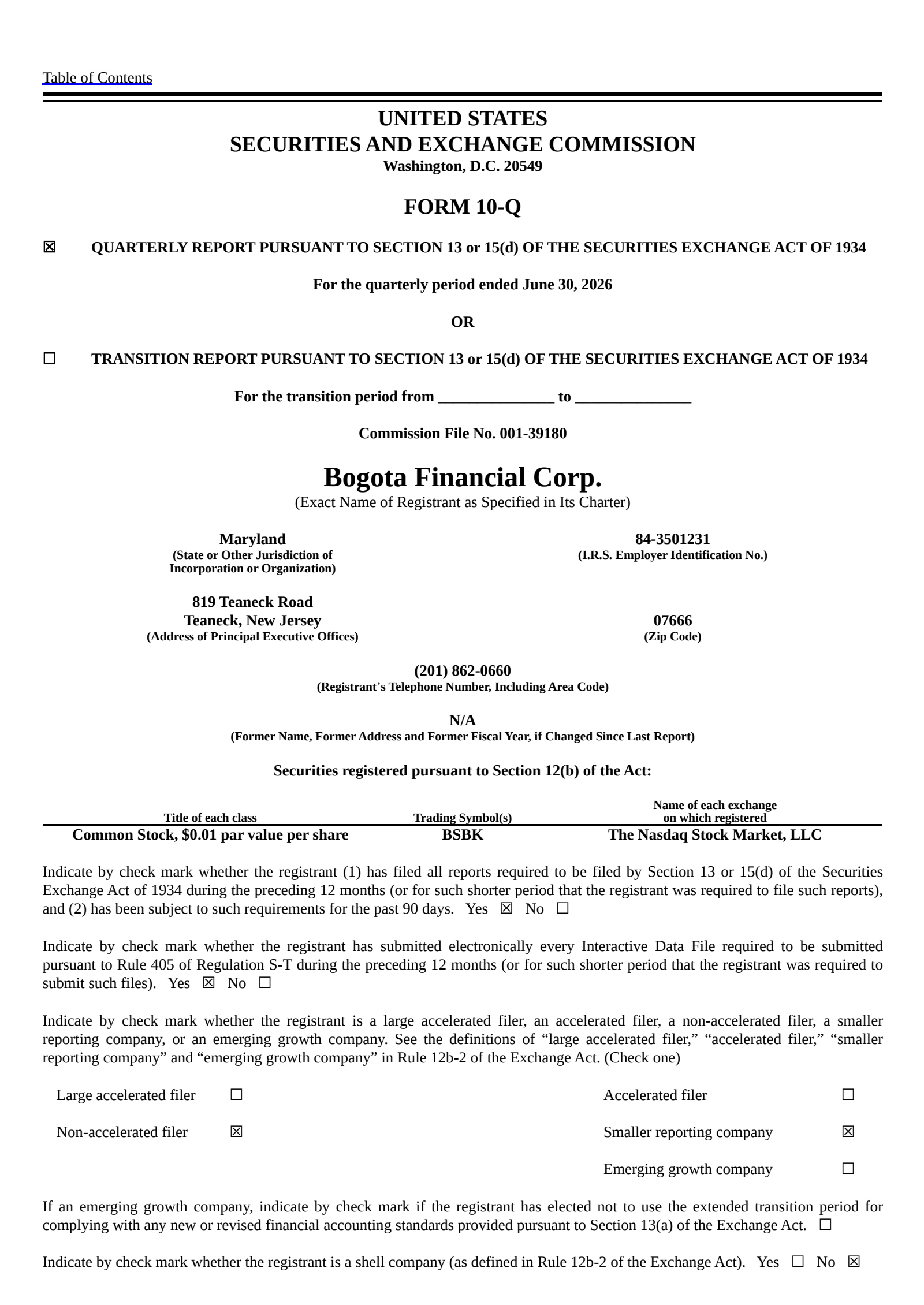 Bogota Financial's Q2 2026 Quarterly report