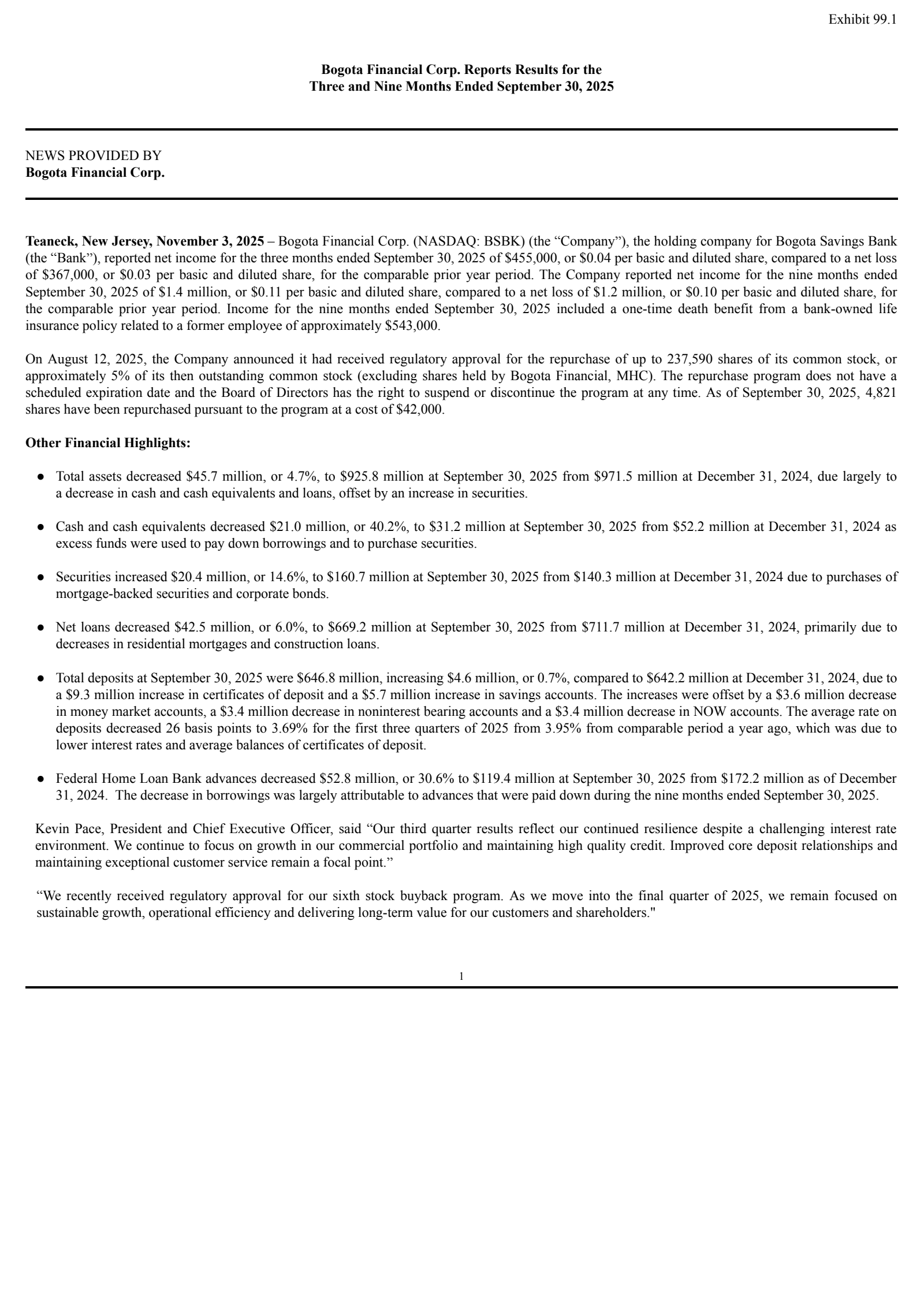 Bogota Financial's Q3 2025 Press Release