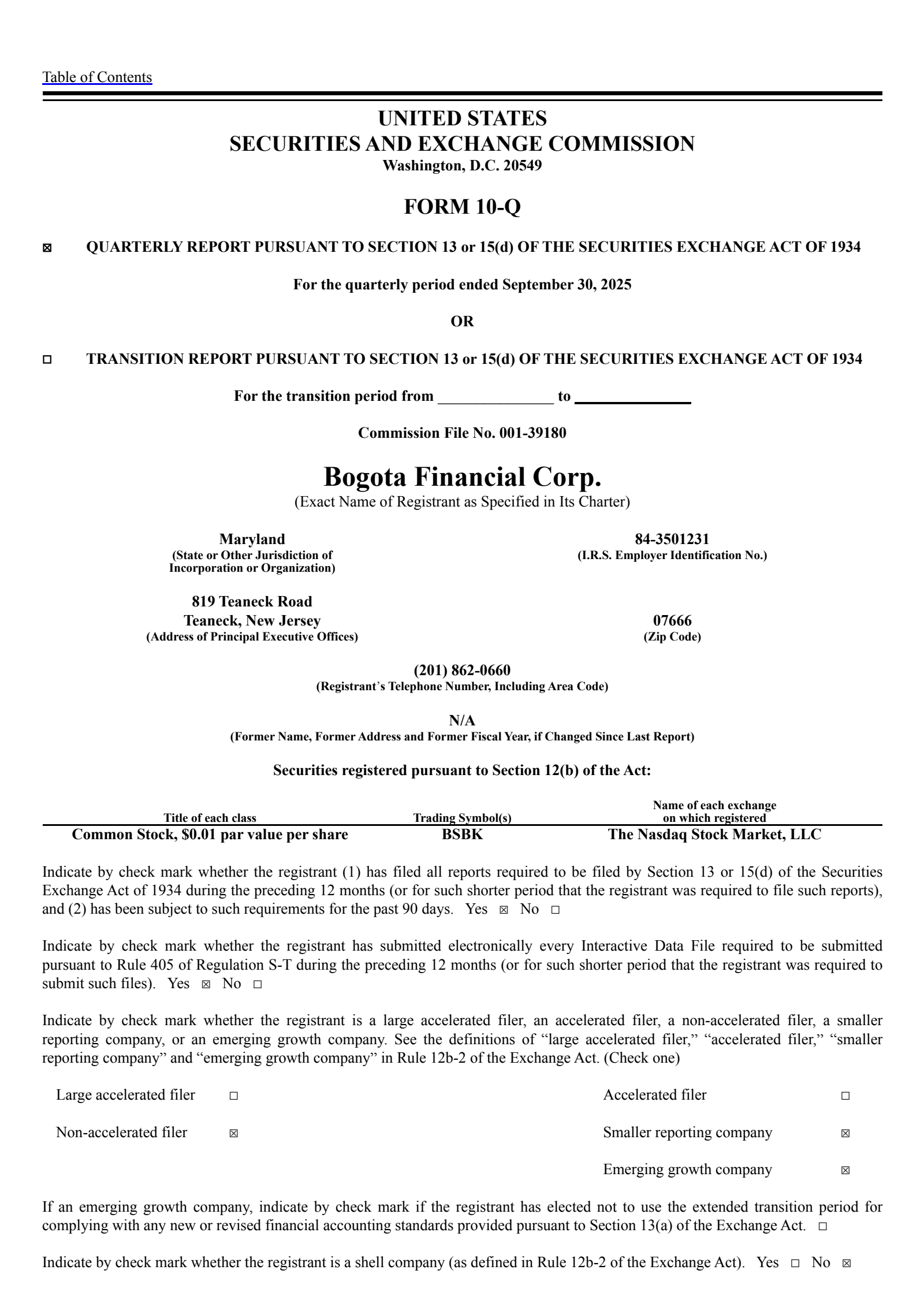 Bogota Financial's Q3 2025 Quarterly report