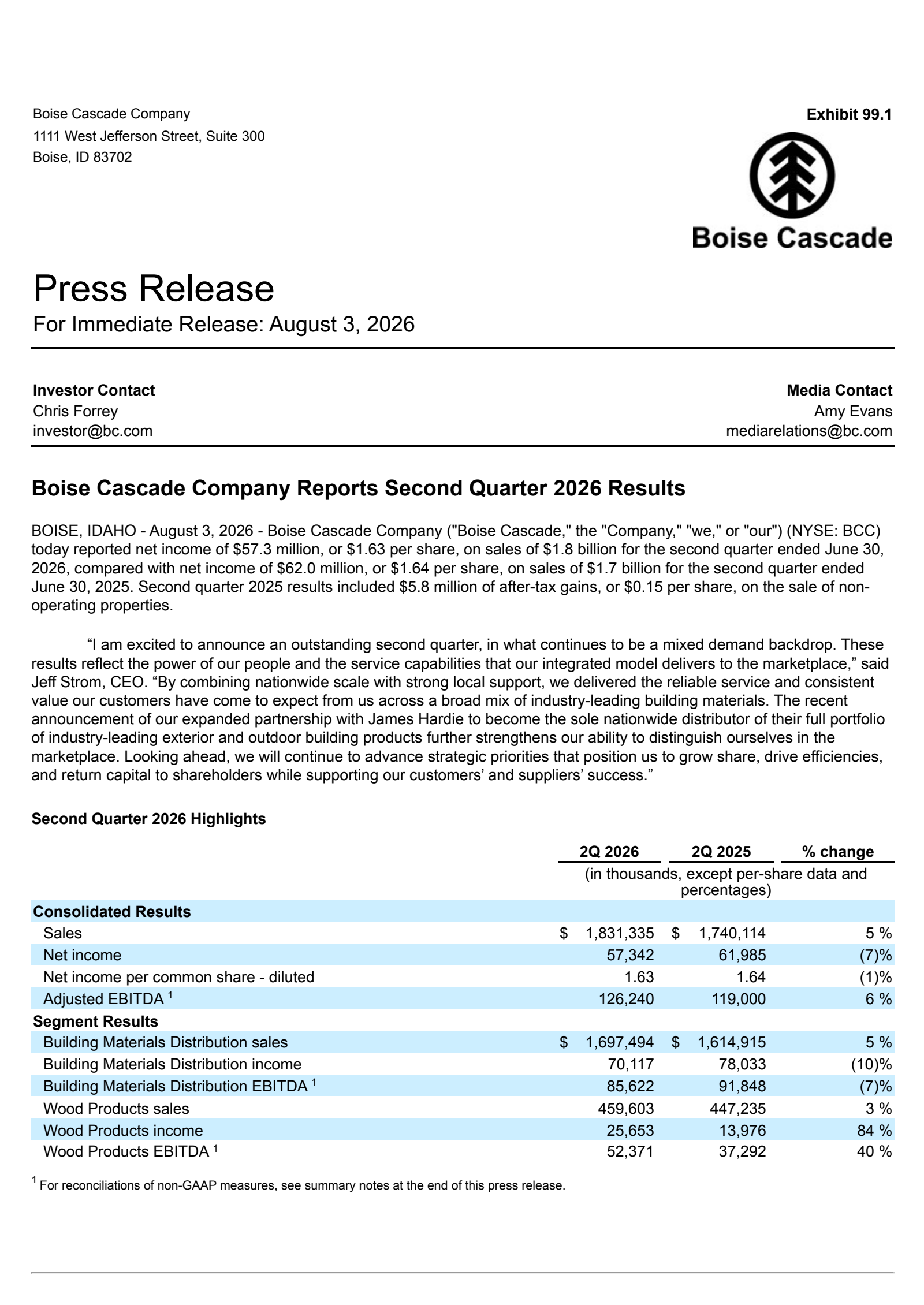 Boise Cascade's Q2 2026 Press Release