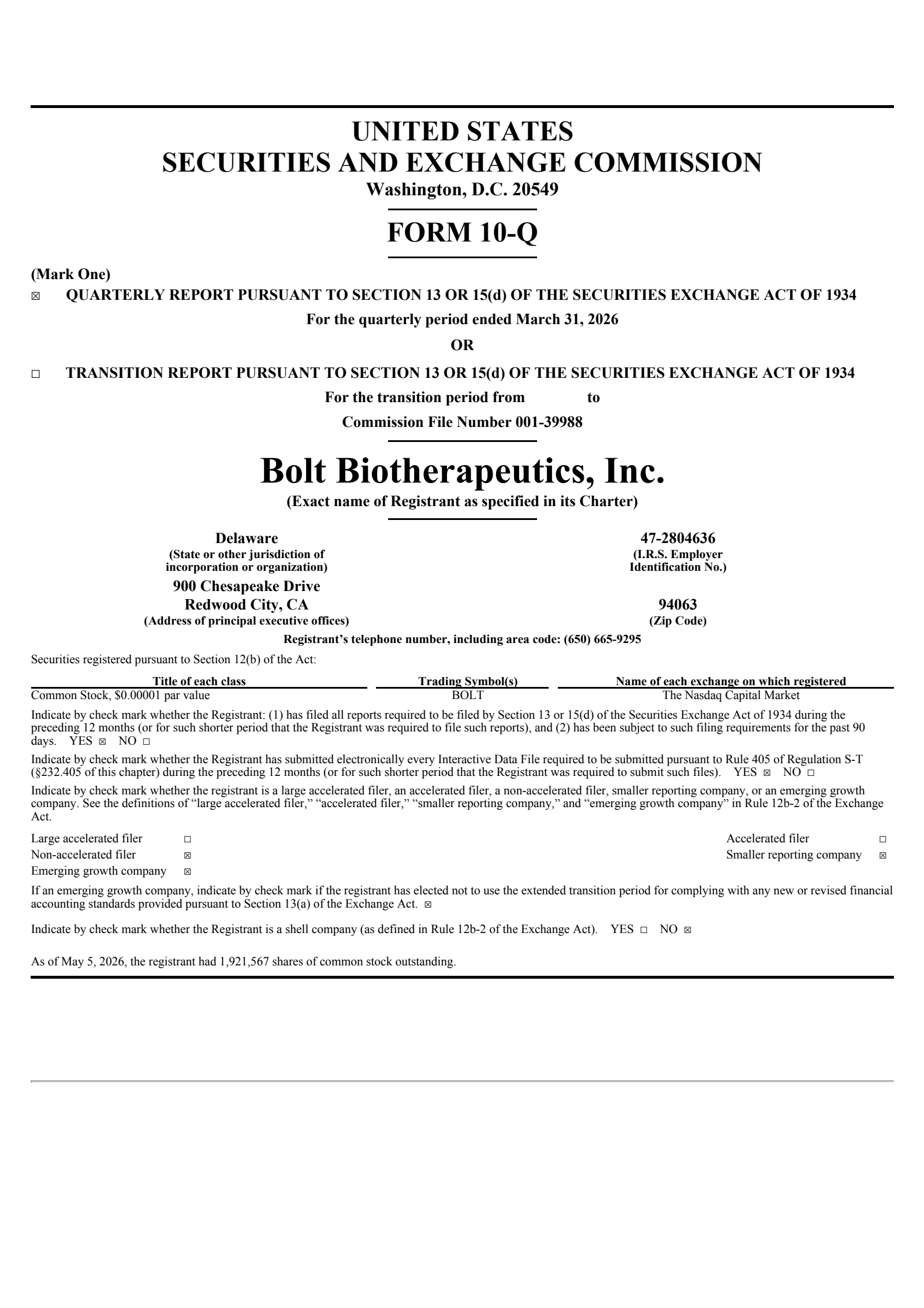 Bolt Biotherapeutics' Q1 2026 Quarterly report