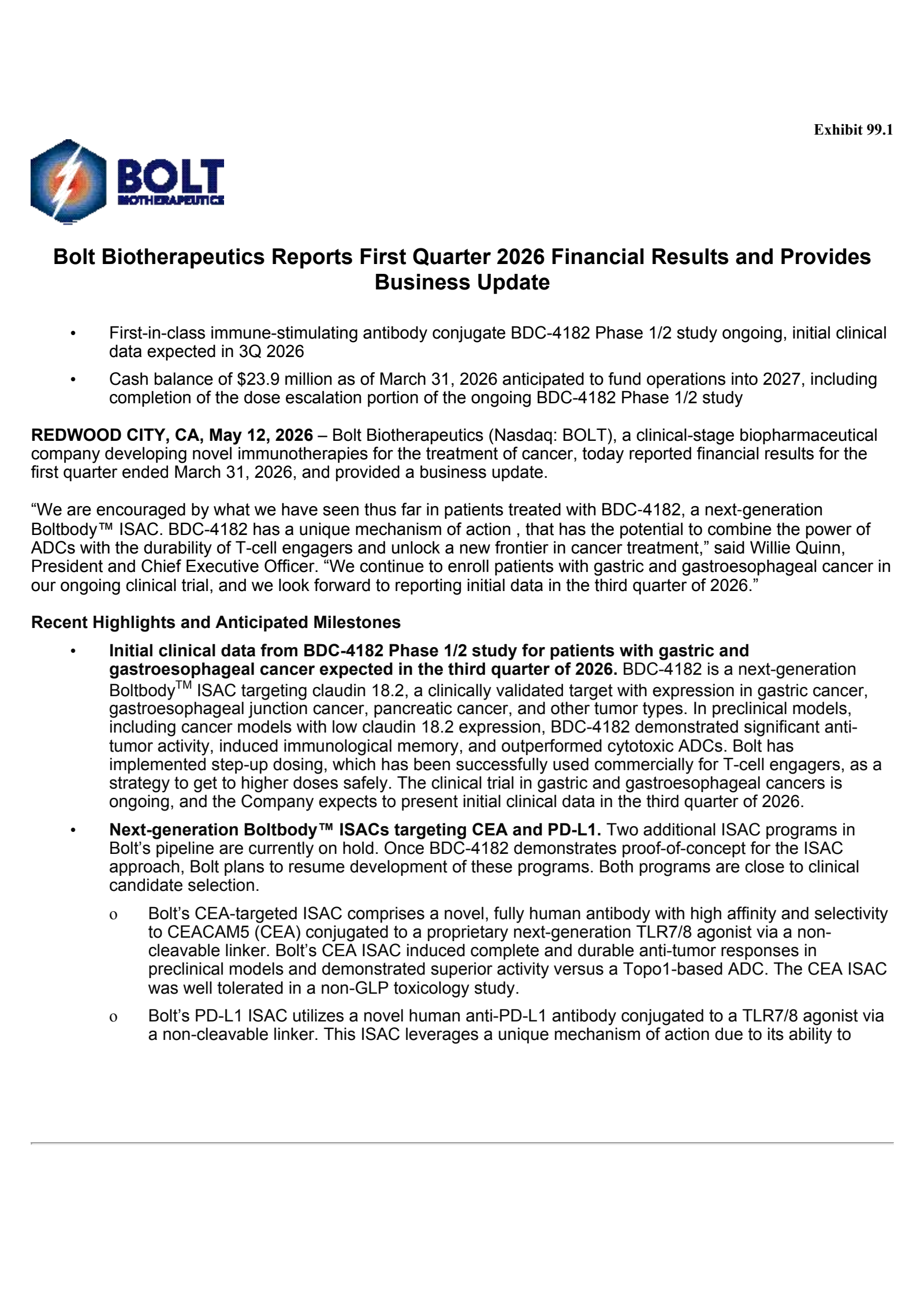 Bolt Biotherapeutics' Q1 2026 Press Release