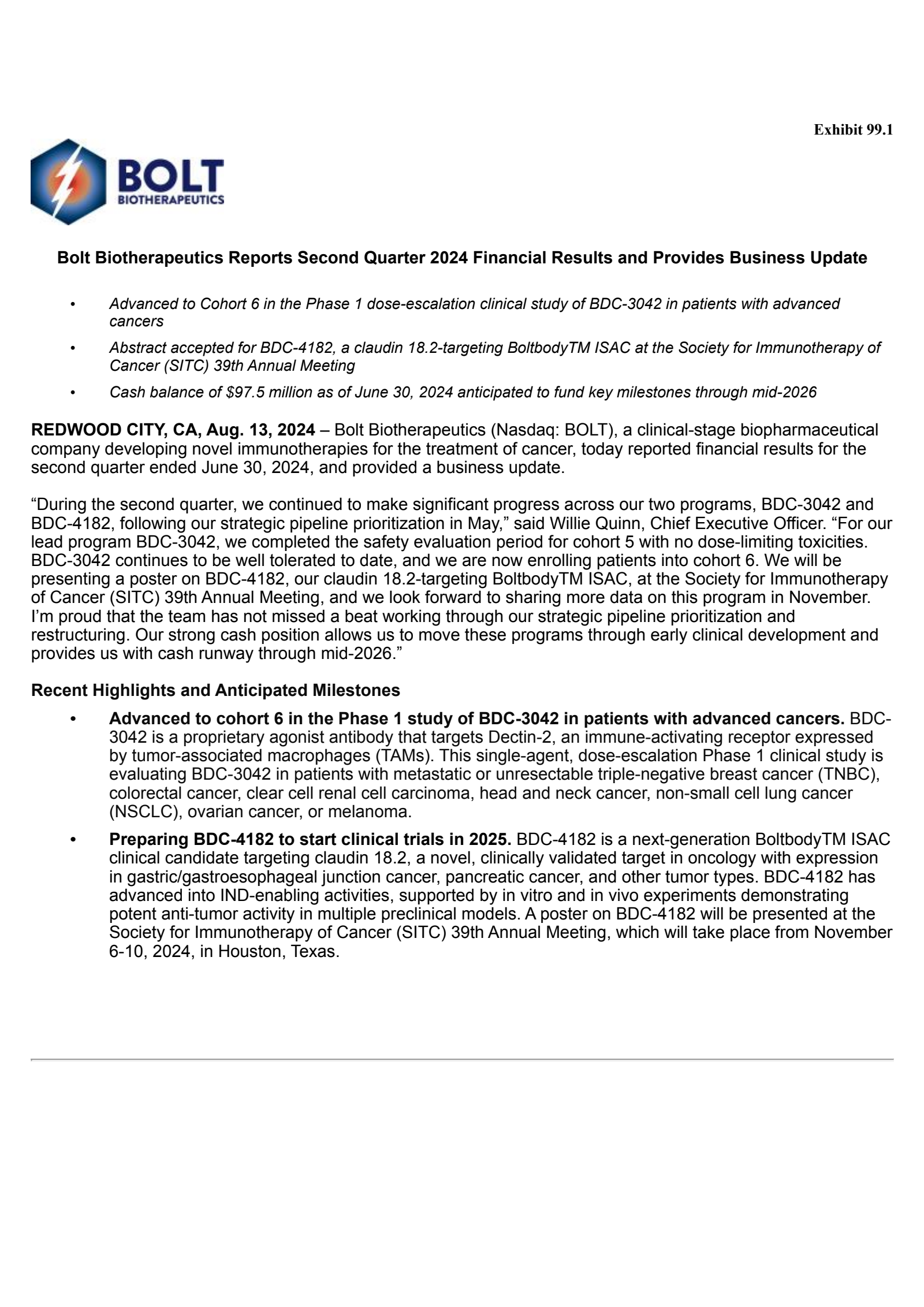Bolt Biotherapeutics' Q2 2024 Press Release