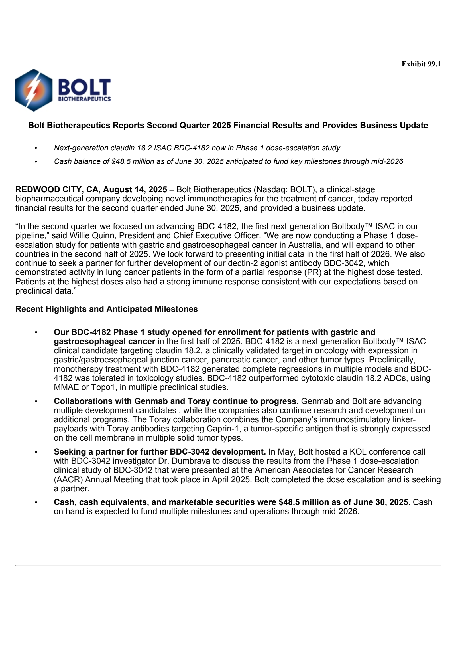 Bolt Biotherapeutics' Q2 2025 Press Release