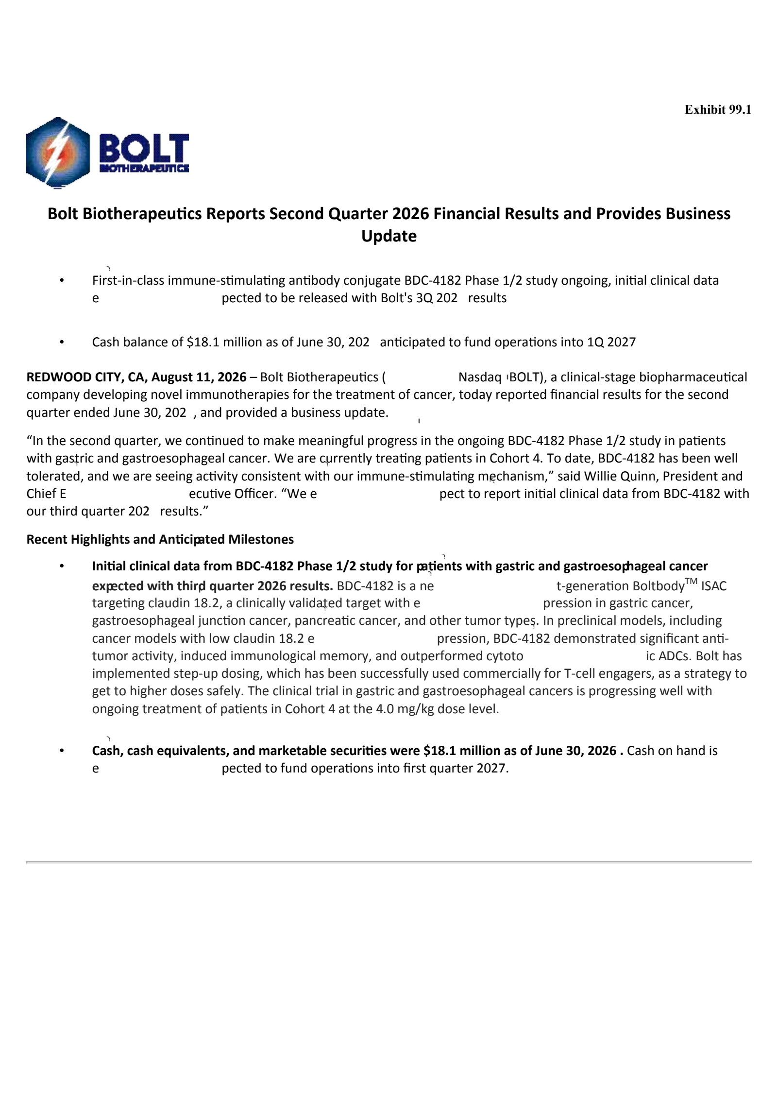 Bolt Biotherapeutics' Q2 2026 Press Release