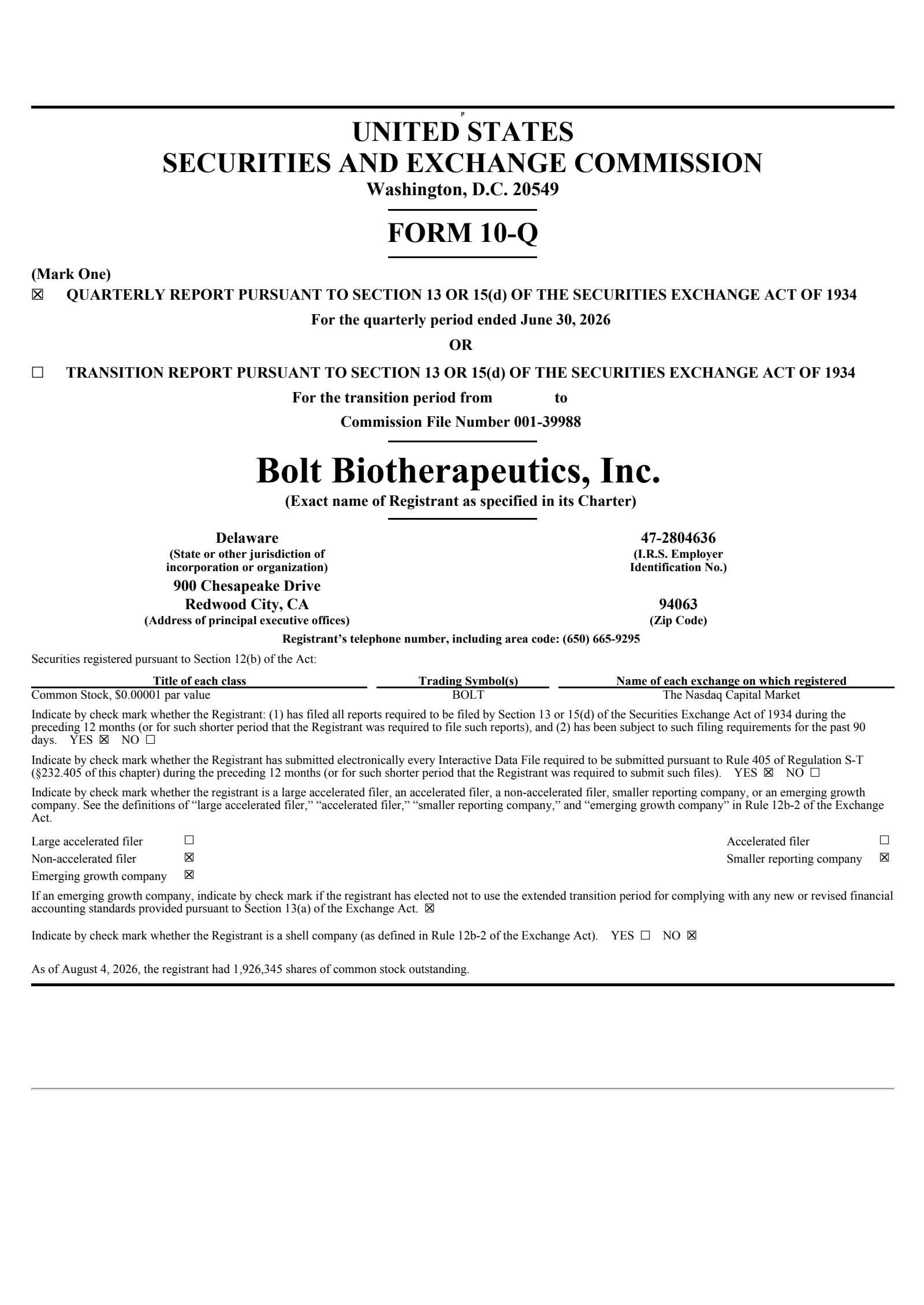 Bolt Biotherapeutics' Q2 2026 Quarterly report
