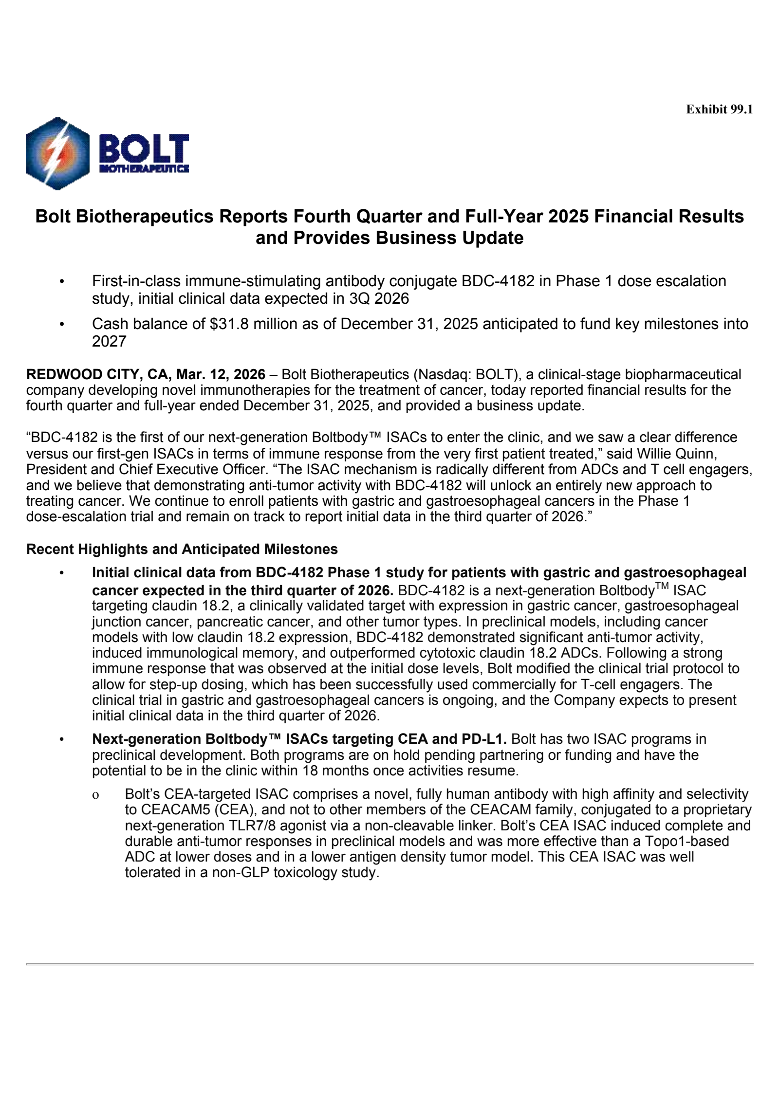Bolt Biotherapeutics' Q4 2025 Press Release