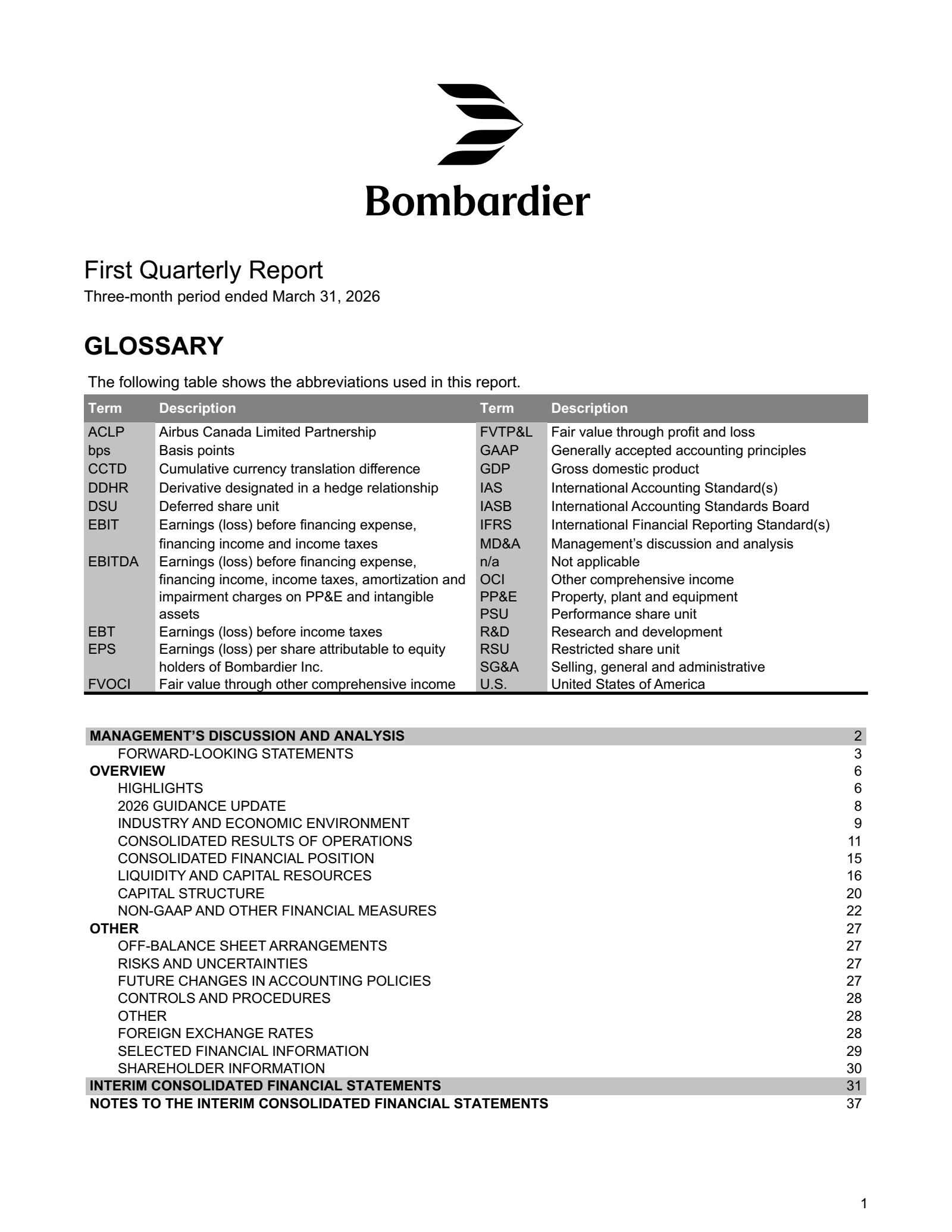 Bombardier's Q1 2026 Press Release