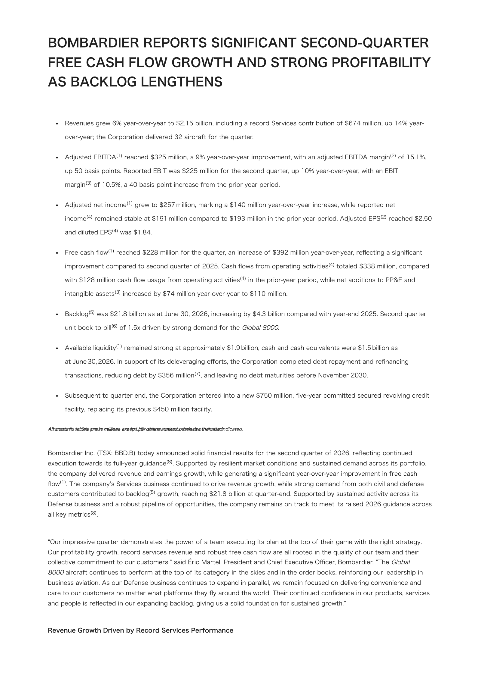 Bombardier's Q2 2026 Press Release
