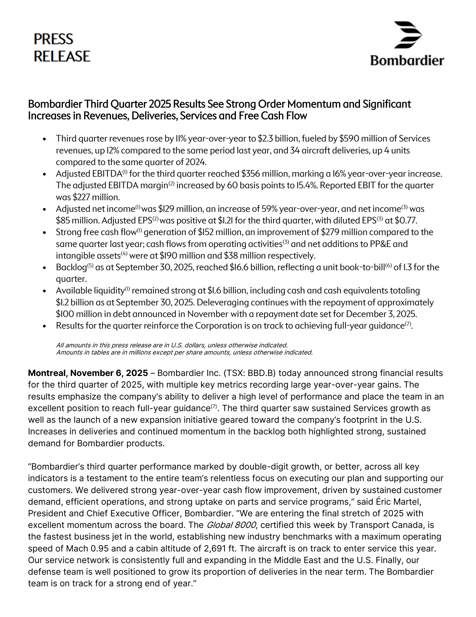Bombardier's Q3 2025 Earnings Release