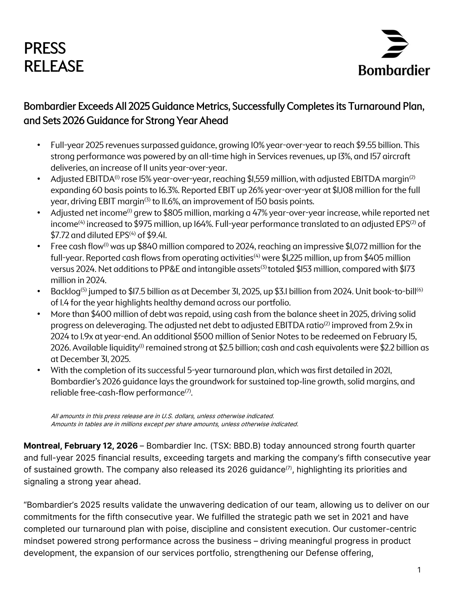 Bombardier's Q4 2025 Press Release