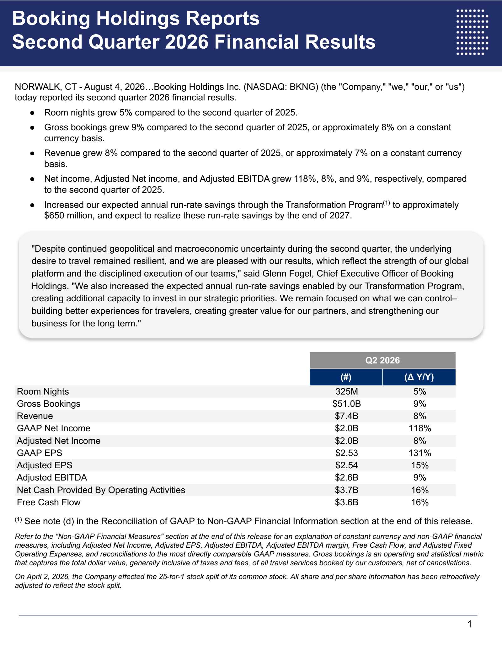 Booking's Q2 2026 Press Release