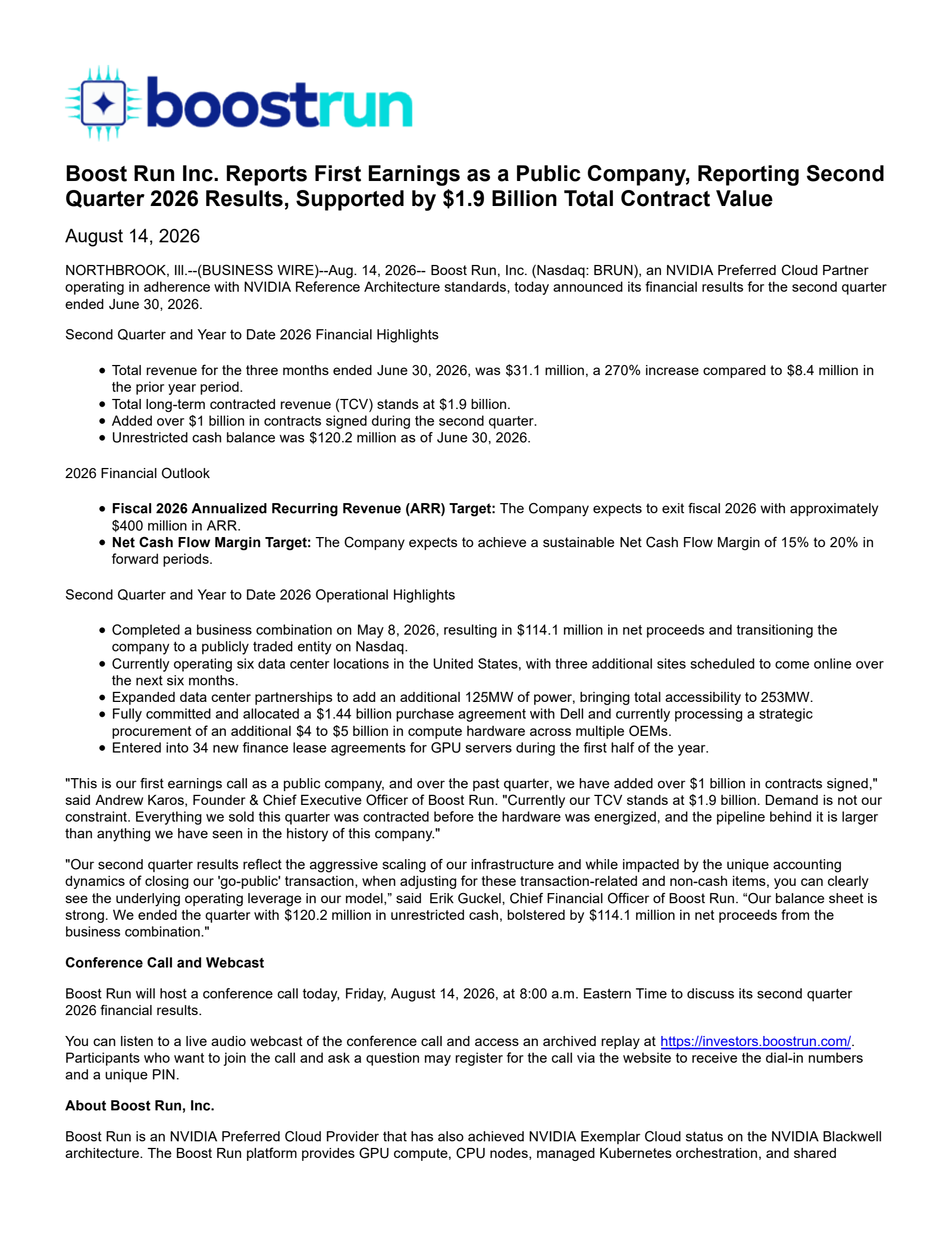 Boost Run's Q2 2026 Press Release