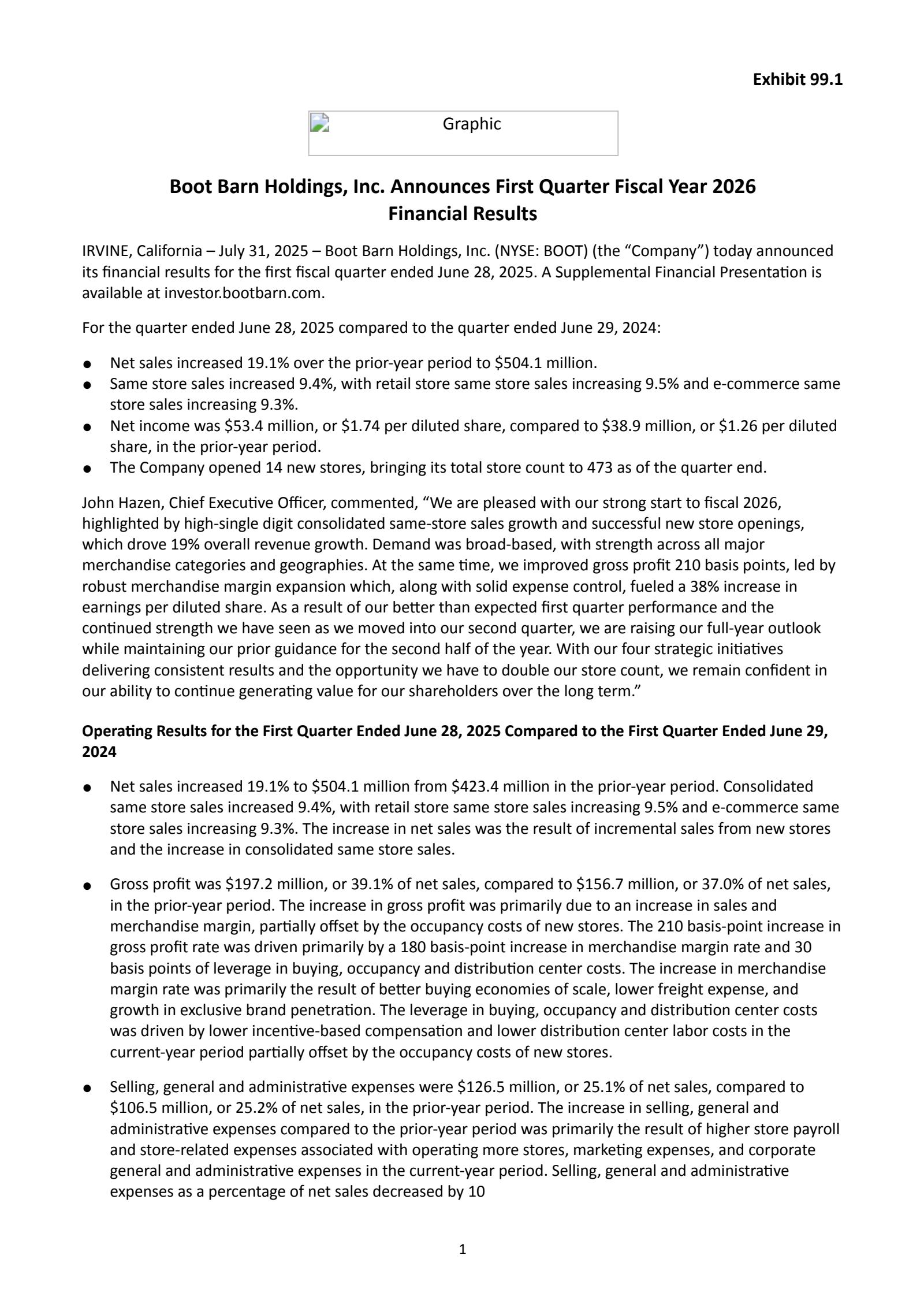 Boot Barn's Q1 2026 Press Release